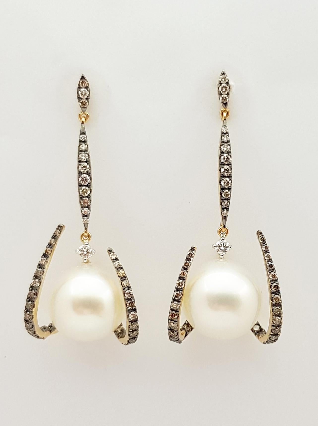 Contemporary South Sea Pearl with Brown Diamond and Diamond Earrings in 18k Gold Settings For Sale