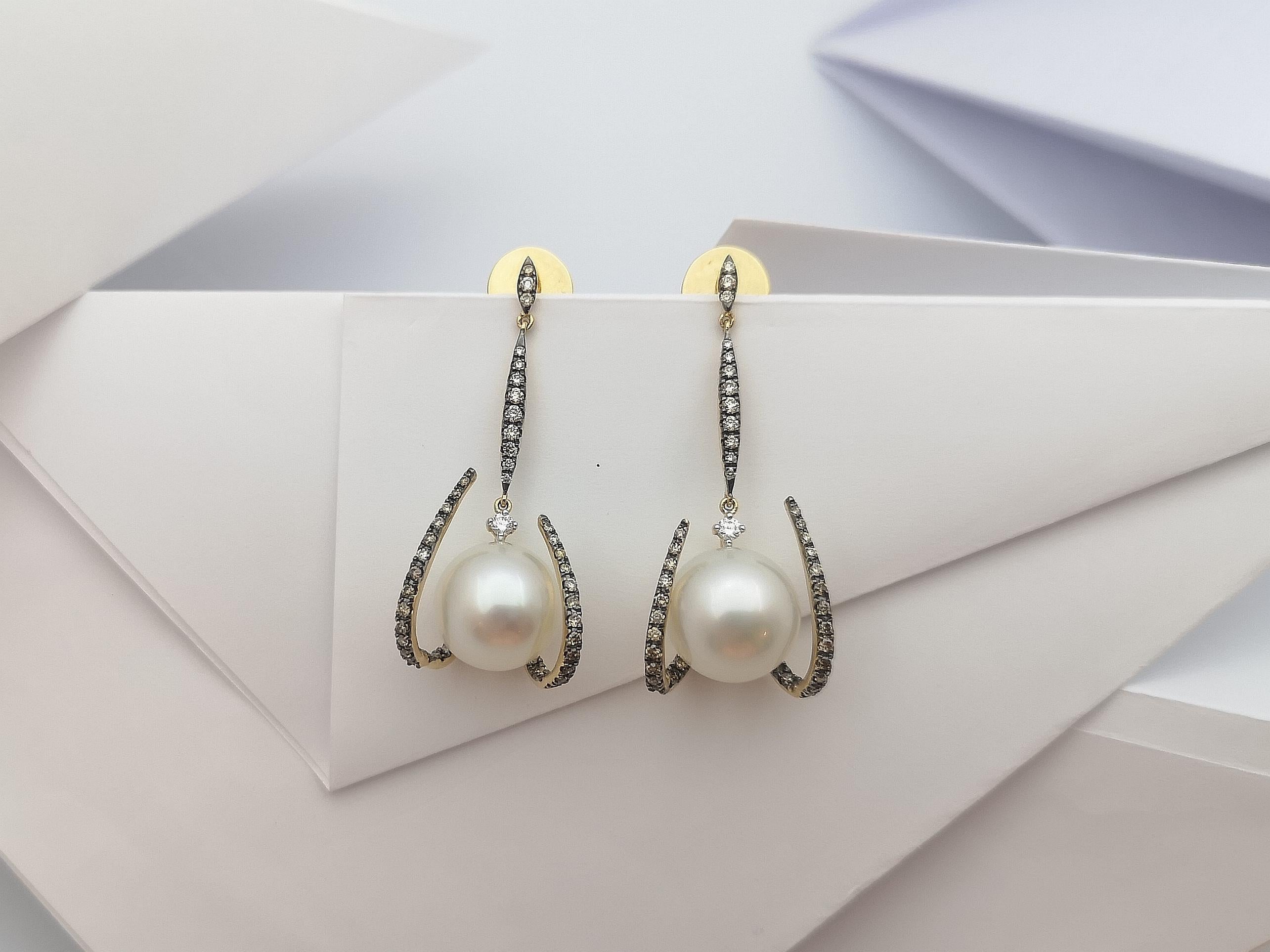 Women's South Sea Pearl with Brown Diamond and Diamond Earrings in 18k Gold Settings For Sale