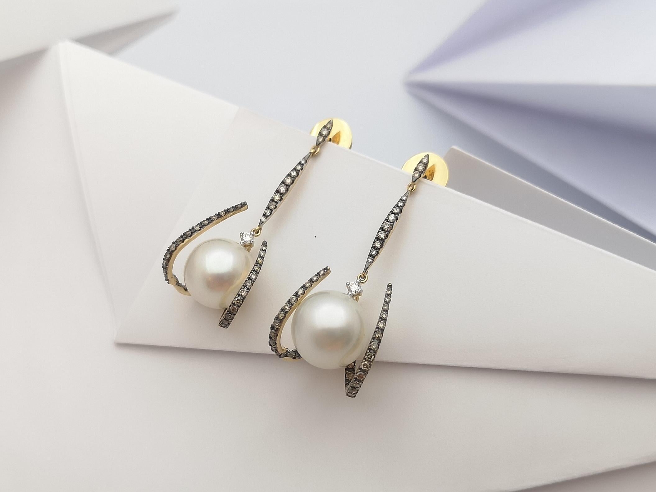 South Sea Pearl with Brown Diamond and Diamond Earrings in 18k Gold Settings For Sale 2
