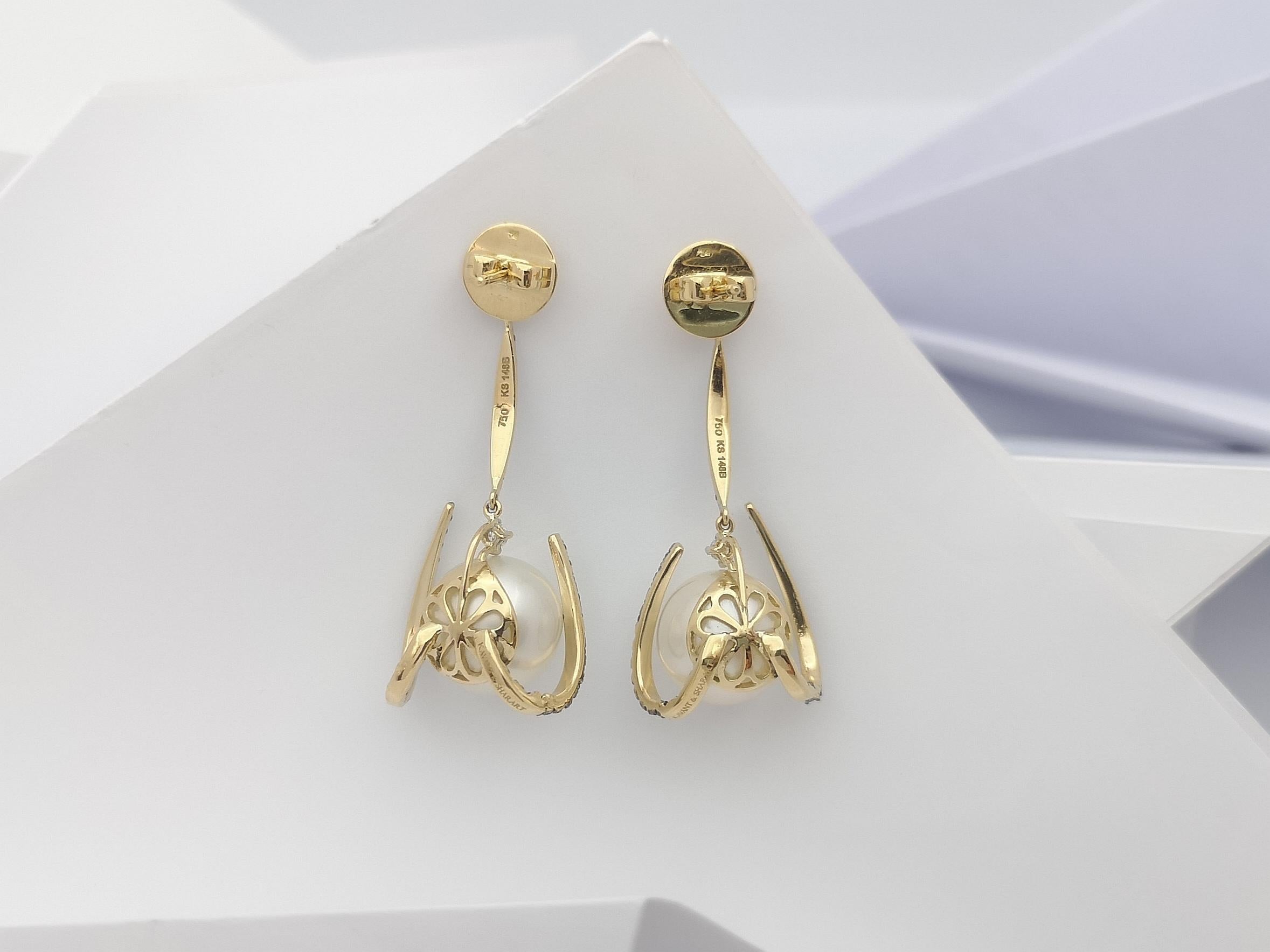 South Sea Pearl with Brown Diamond and Diamond Earrings in 18k Gold Settings For Sale 3