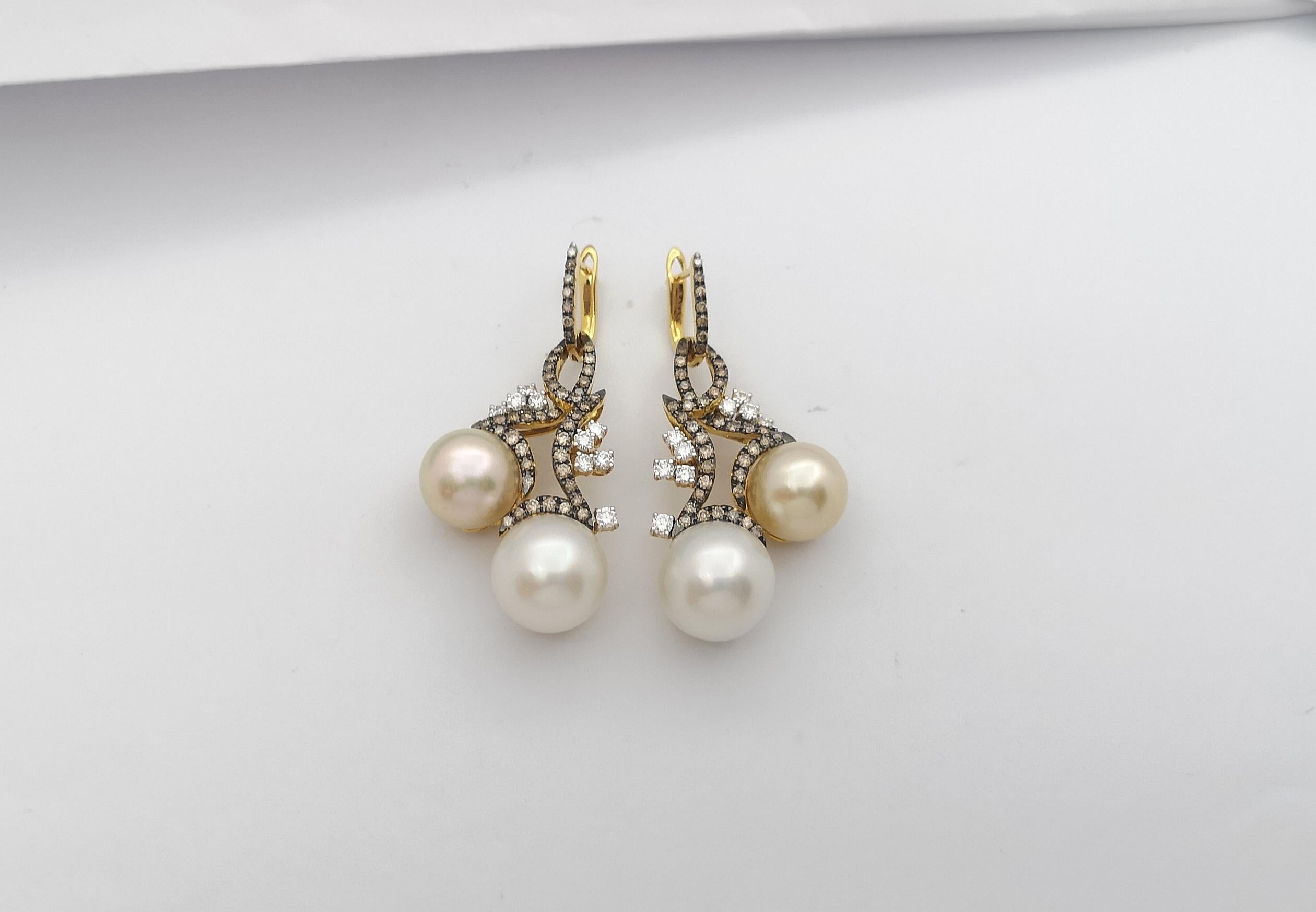 Contemporary South Sea Pearl with Brown Diamond and Diamond Earrings Set in 18 Karat Gold  For Sale