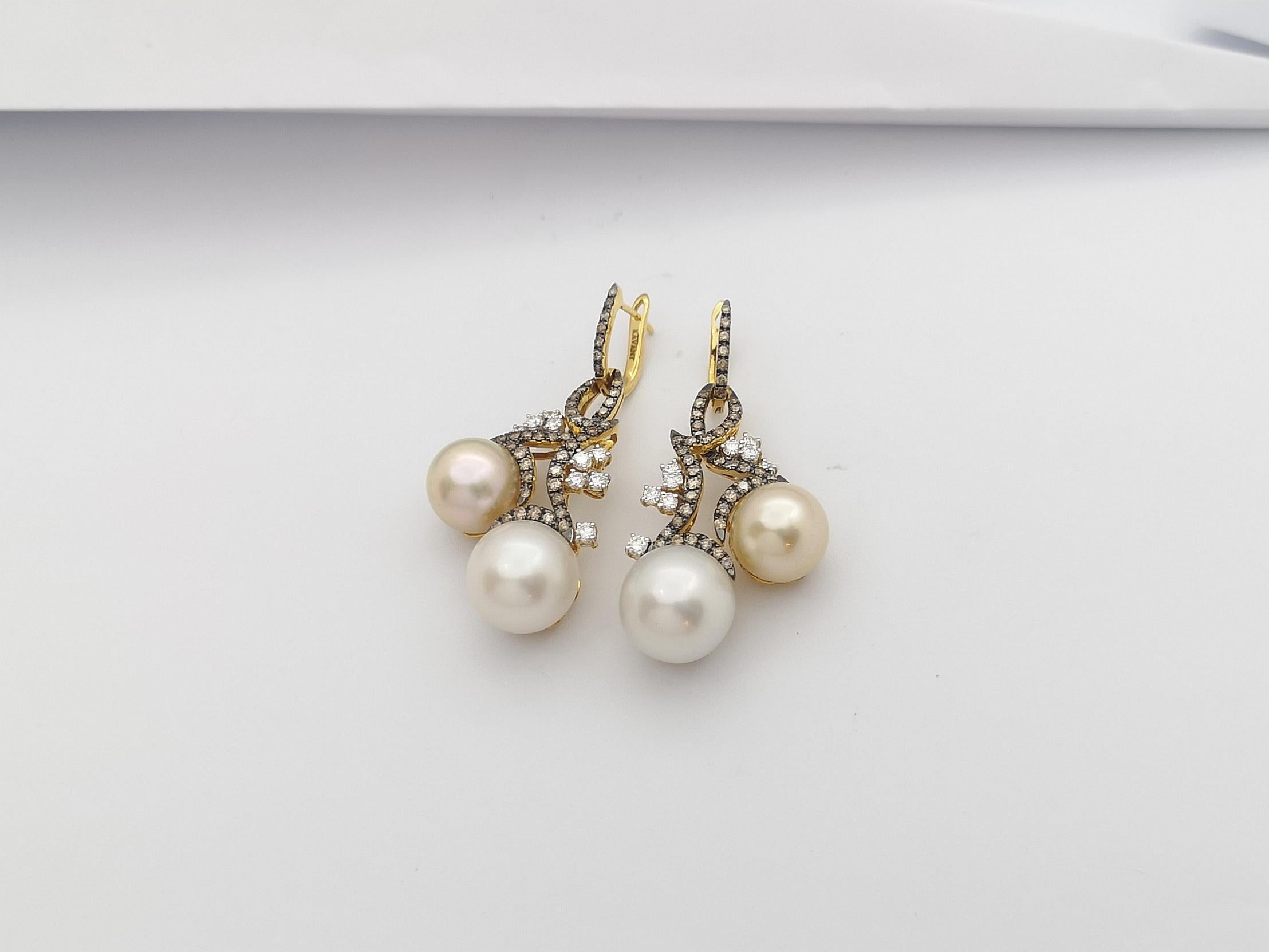 Brilliant Cut South Sea Pearl with Brown Diamond and Diamond Earrings Set in 18 Karat Gold  For Sale