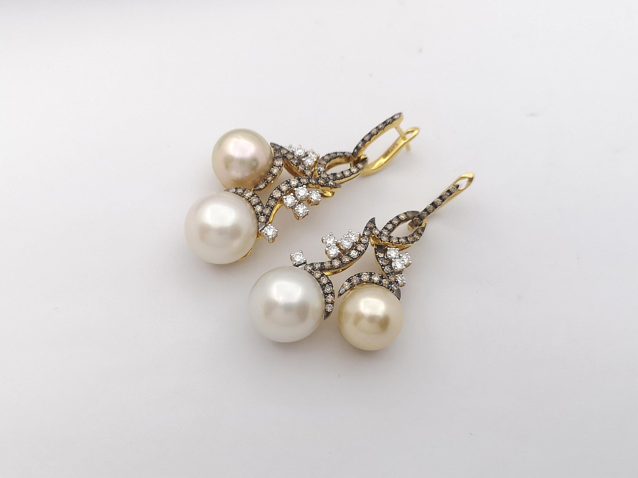 Women's South Sea Pearl with Brown Diamond and Diamond Earrings Set in 18 Karat Gold  For Sale