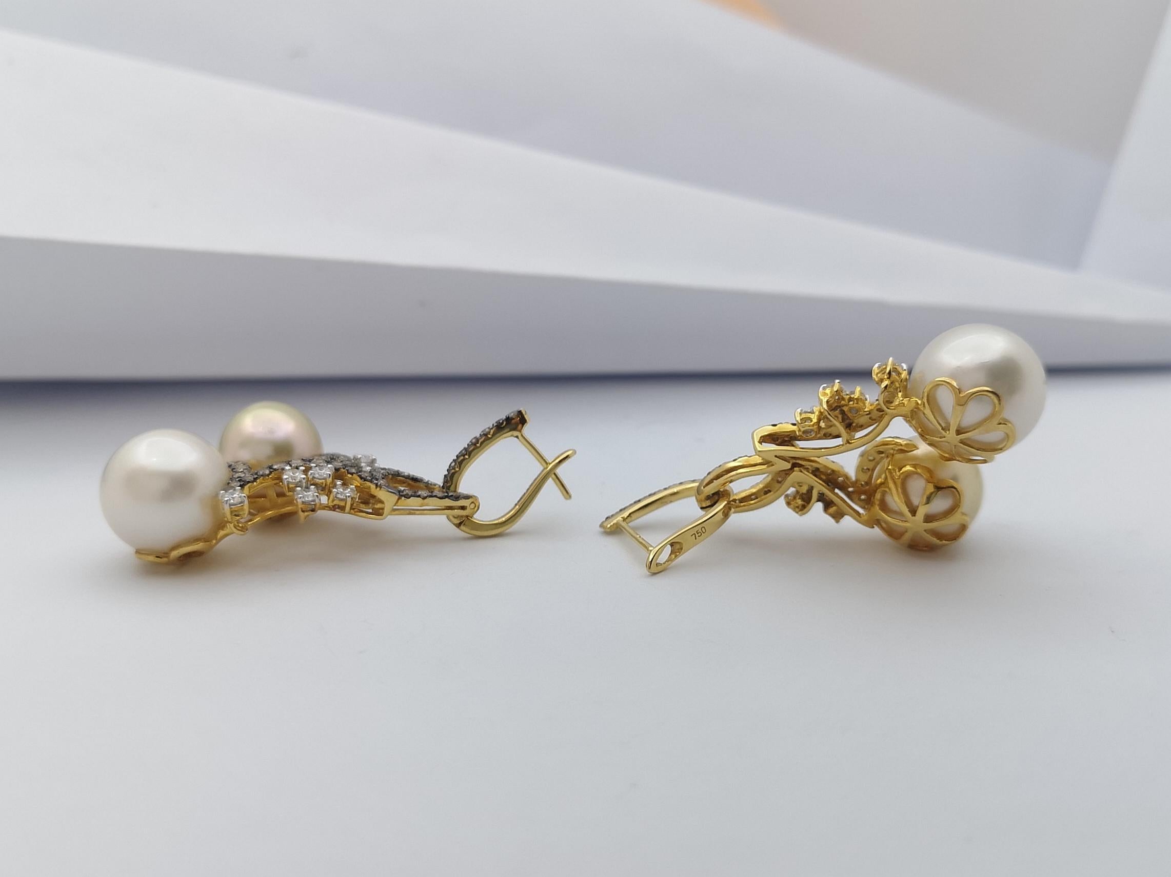 South Sea Pearl with Brown Diamond and Diamond Earrings Set in 18 Karat Gold  For Sale 1