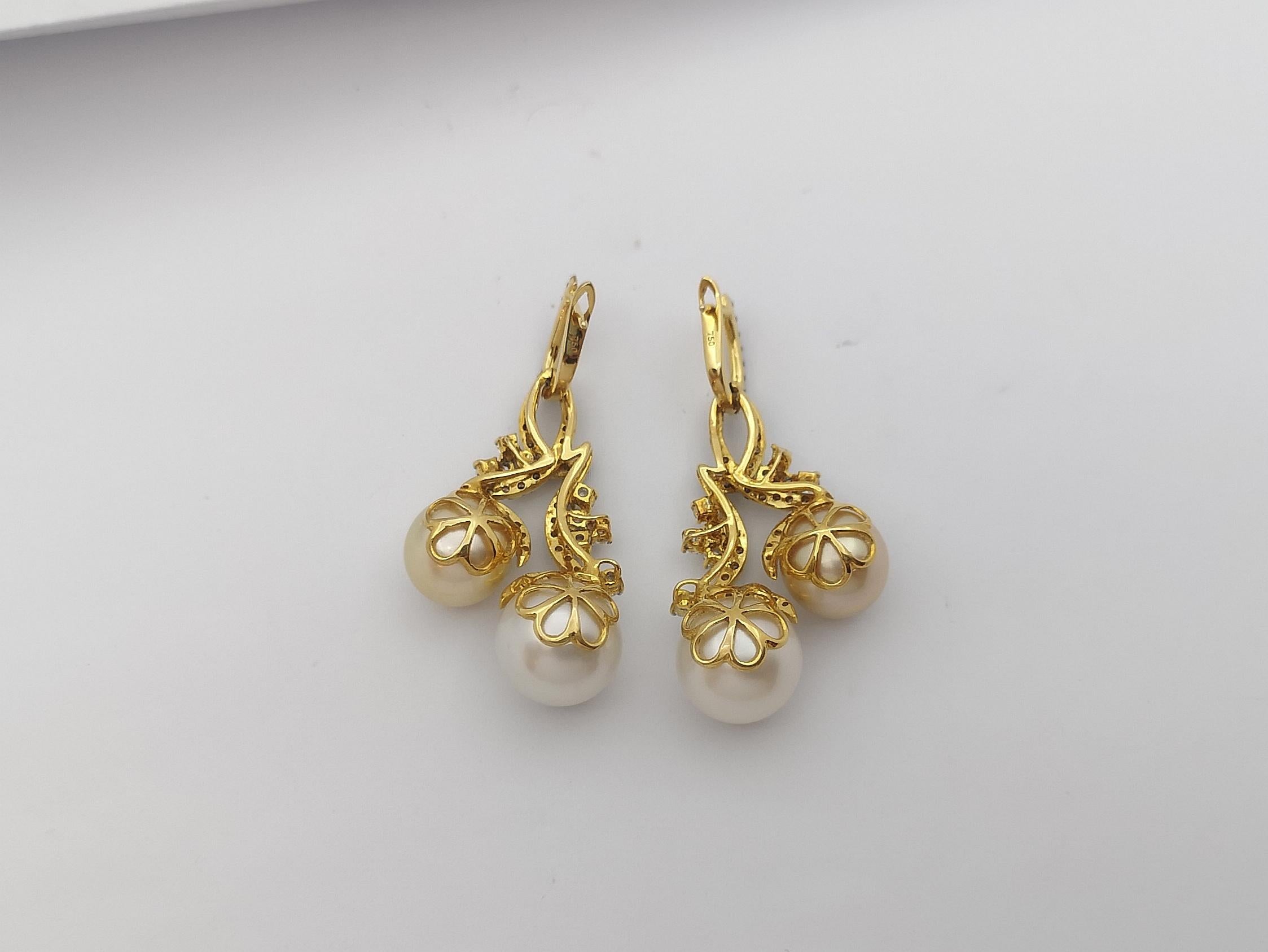 South Sea Pearl with Brown Diamond and Diamond Earrings Set in 18 Karat Gold  For Sale 2