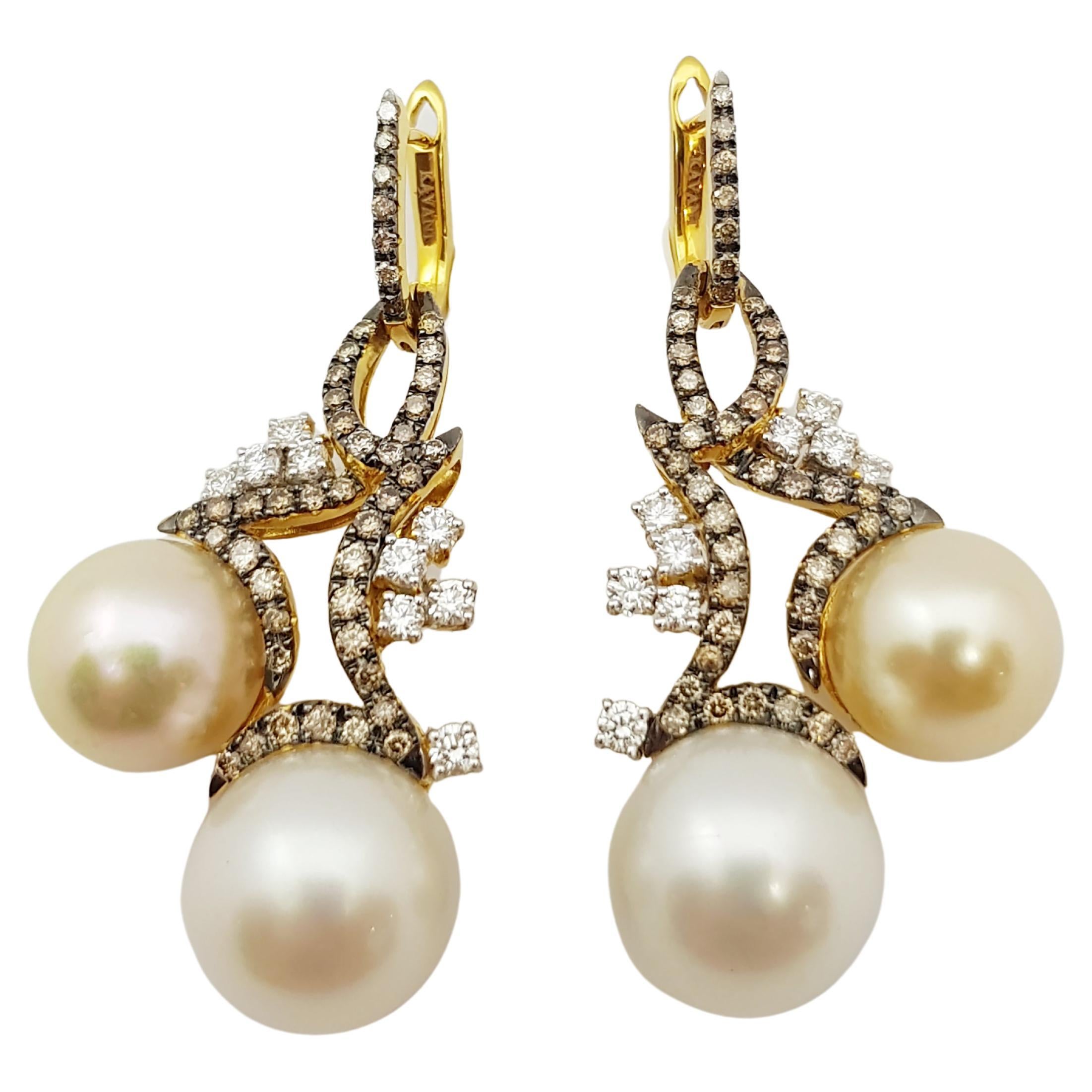 South Sea Pearl with Brown Diamond and Diamond Earrings Set in 18 Karat Gold  For Sale