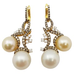 South Sea Pearl with Brown Diamond and Diamond Earrings Set in 18 Karat Gold 