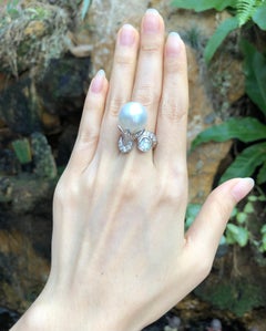 South Sea Pearl with Brown Diamond and Diamond Ring Set in 18 Karat White Gold