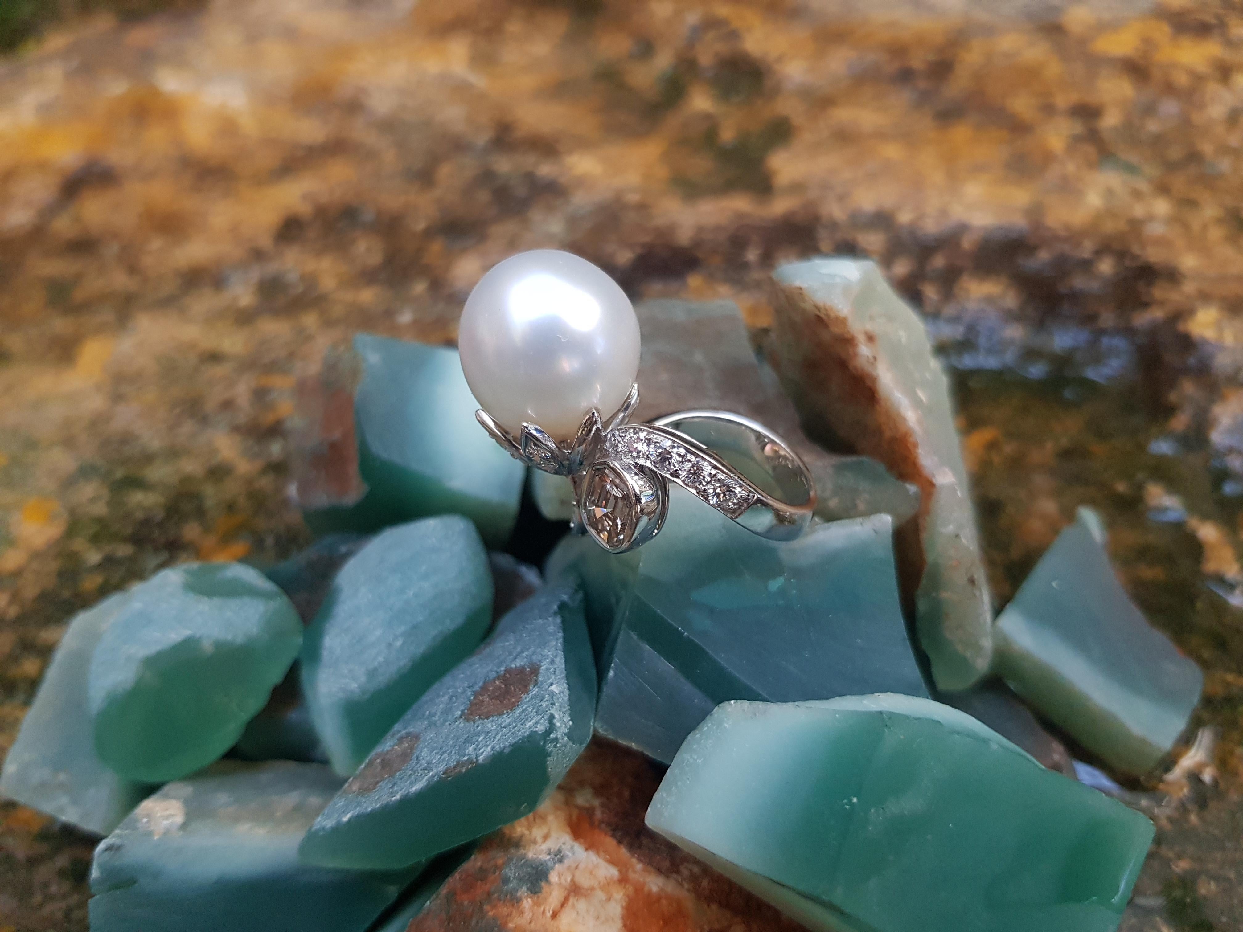 Women's South Sea Pearl with Brown Diamond and Diamond Ring Set in 18 Karat White Gold For Sale