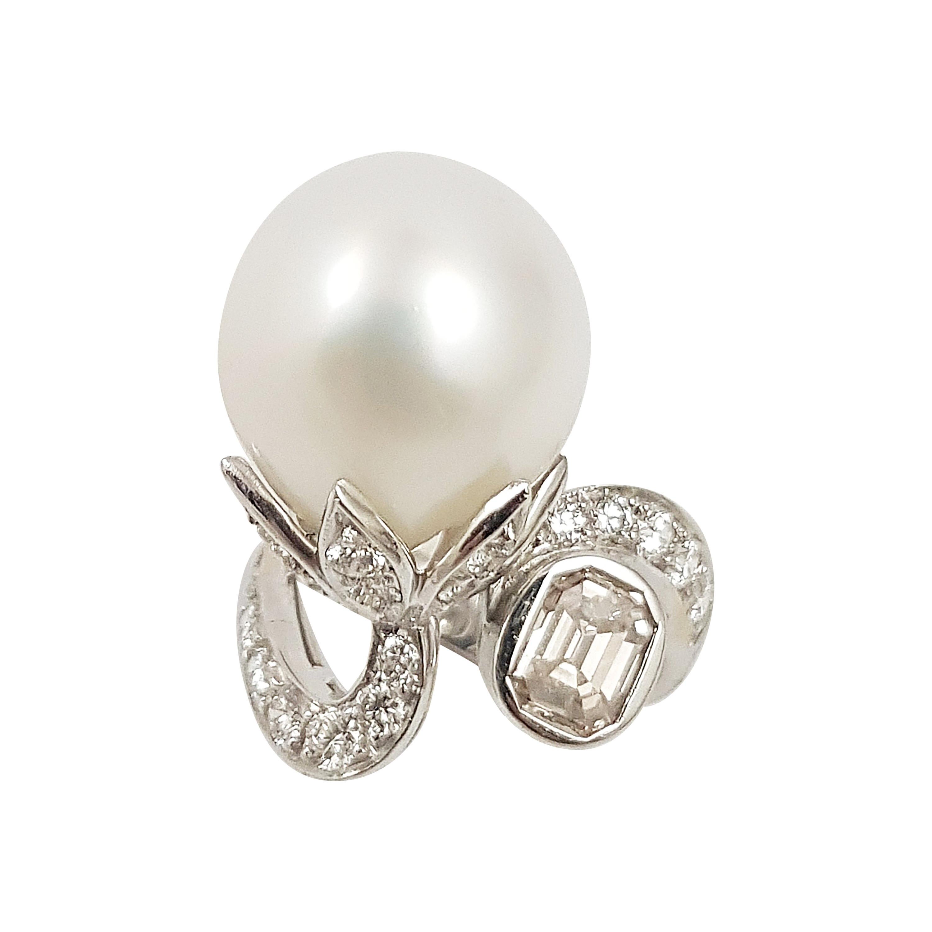 South Sea Pearl with Brown Diamond and Diamond Ring Set in 18 Karat White Gold  For Sale