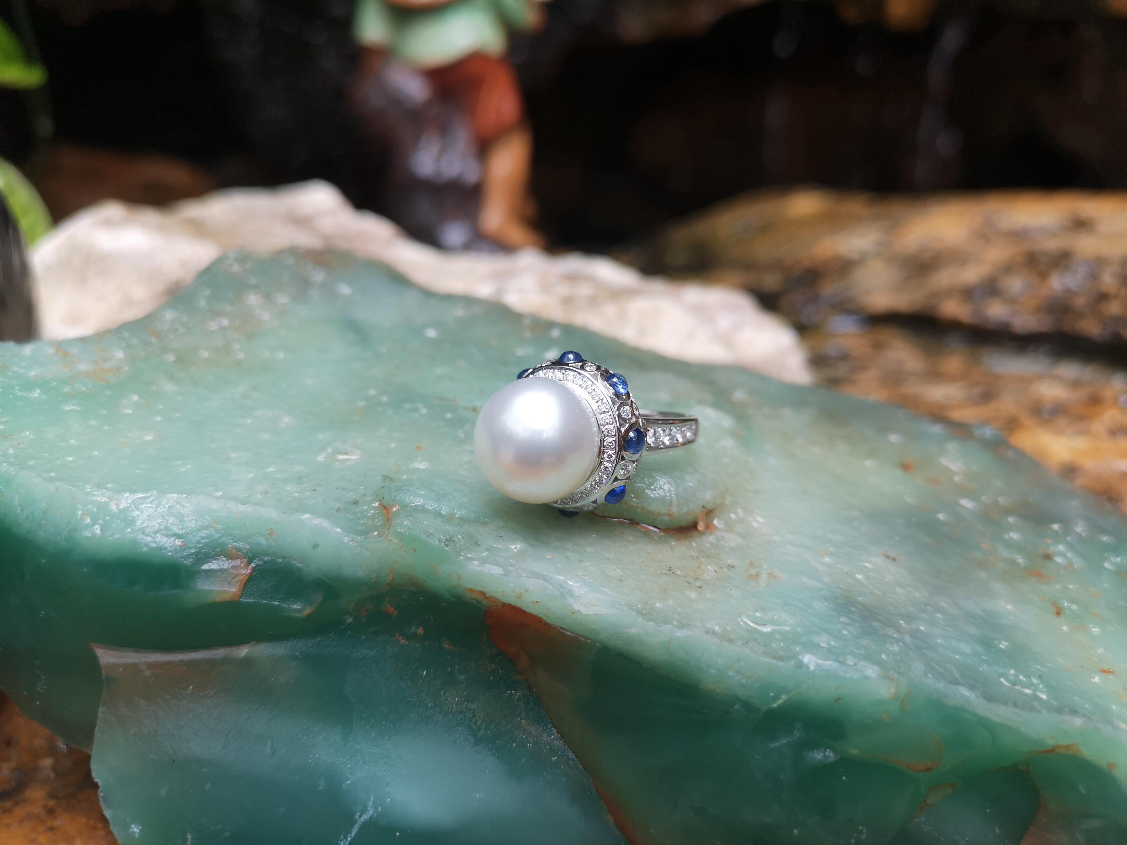 Women's South Sea Pearl with Cabochon Blue Sapphire and Diamond Ring 18 Karat White Gold For Sale