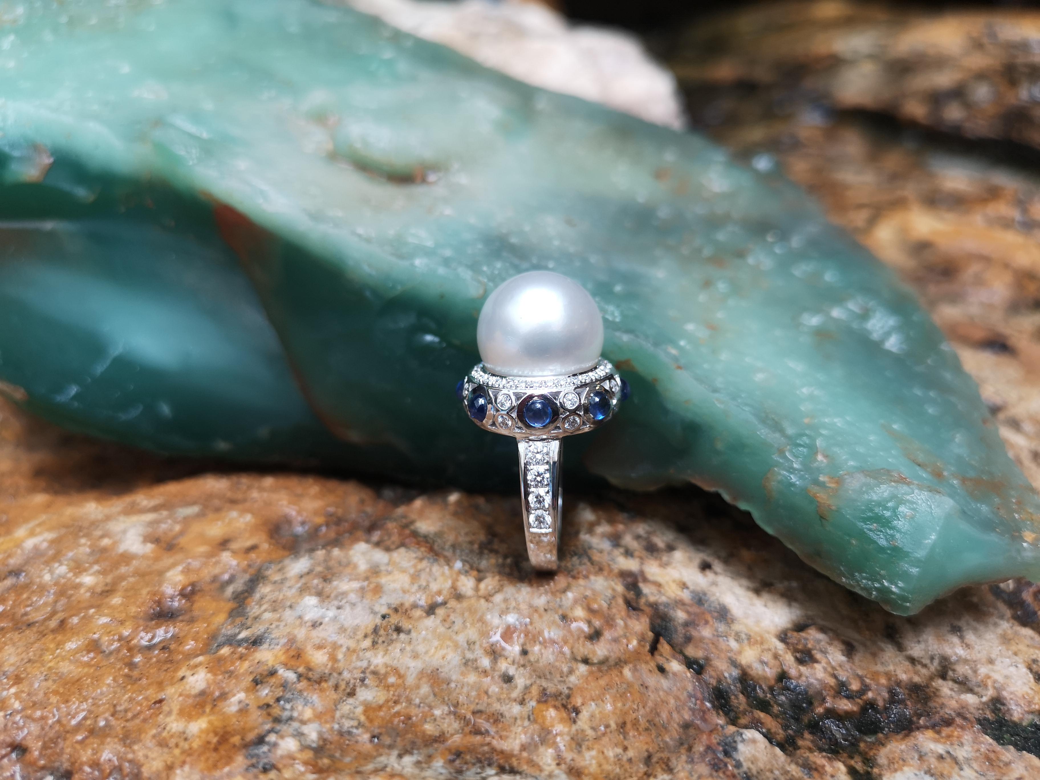 South Sea Pearl with Cabochon Blue Sapphire and Diamond Ring 18 Karat White Gold For Sale 1