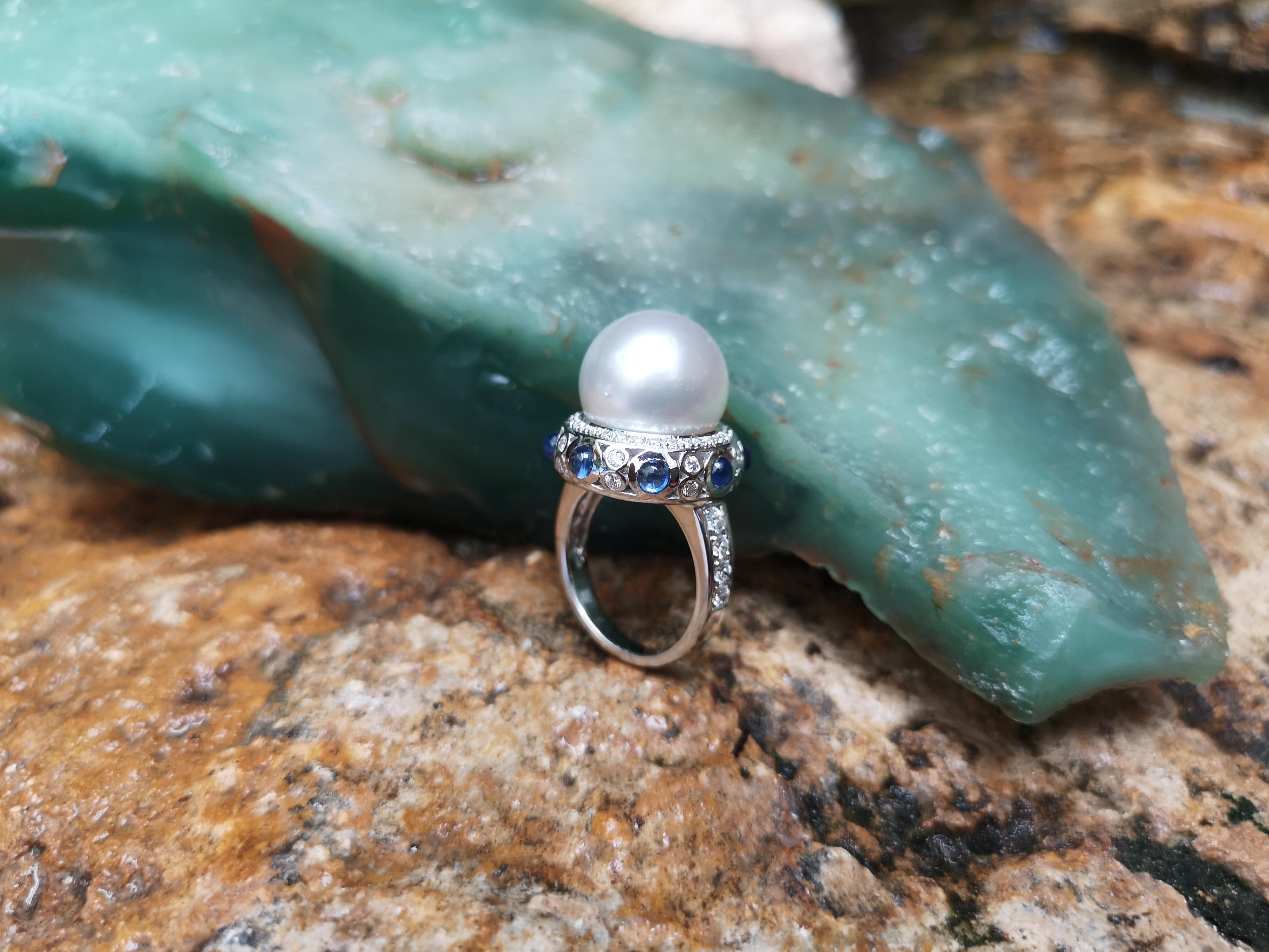 South Sea Pearl with Cabochon Blue Sapphire and Diamond Ring 18 Karat White Gold For Sale 2