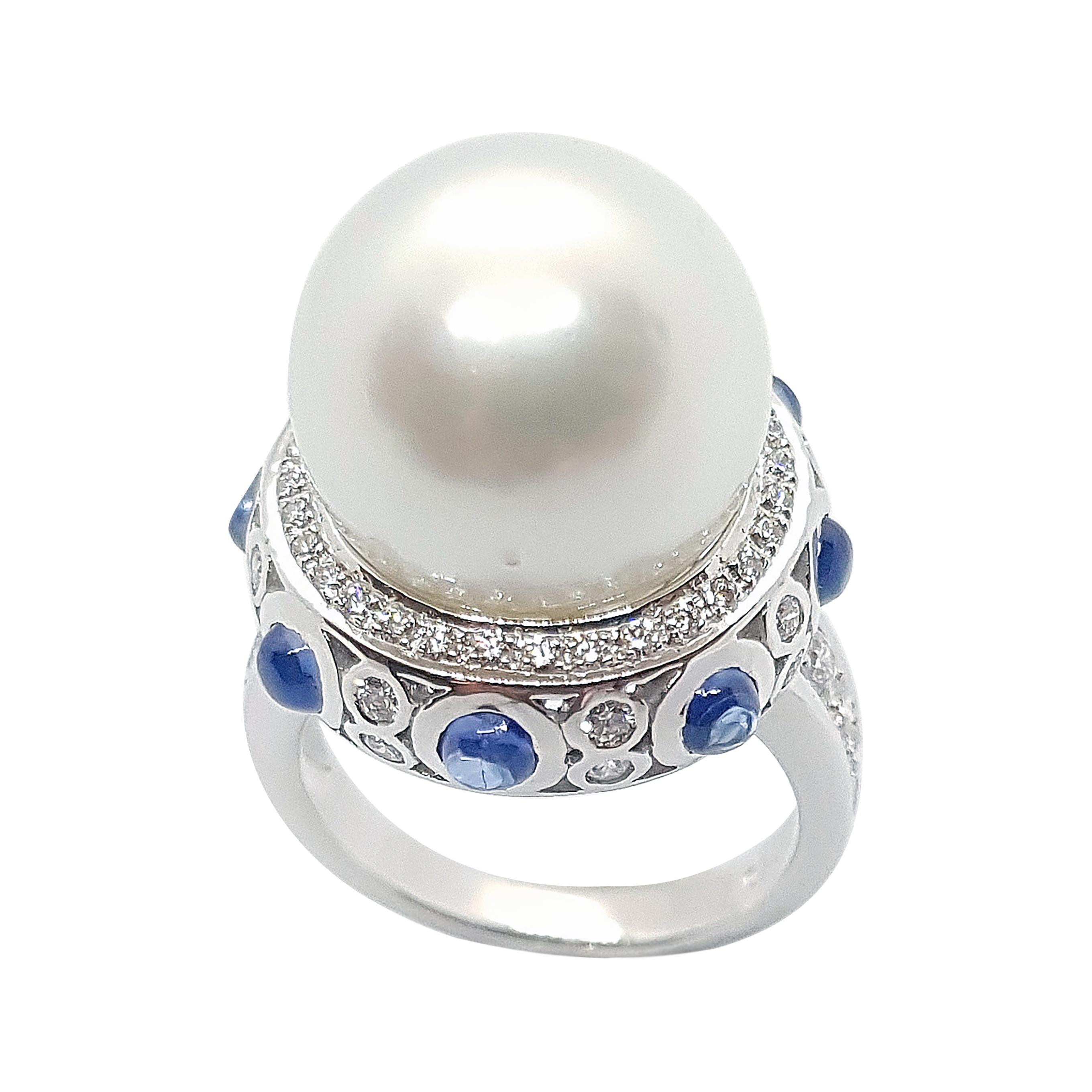 South Sea Pearl with Cabochon Blue Sapphire and Diamond Ring 18 Karat White Gold