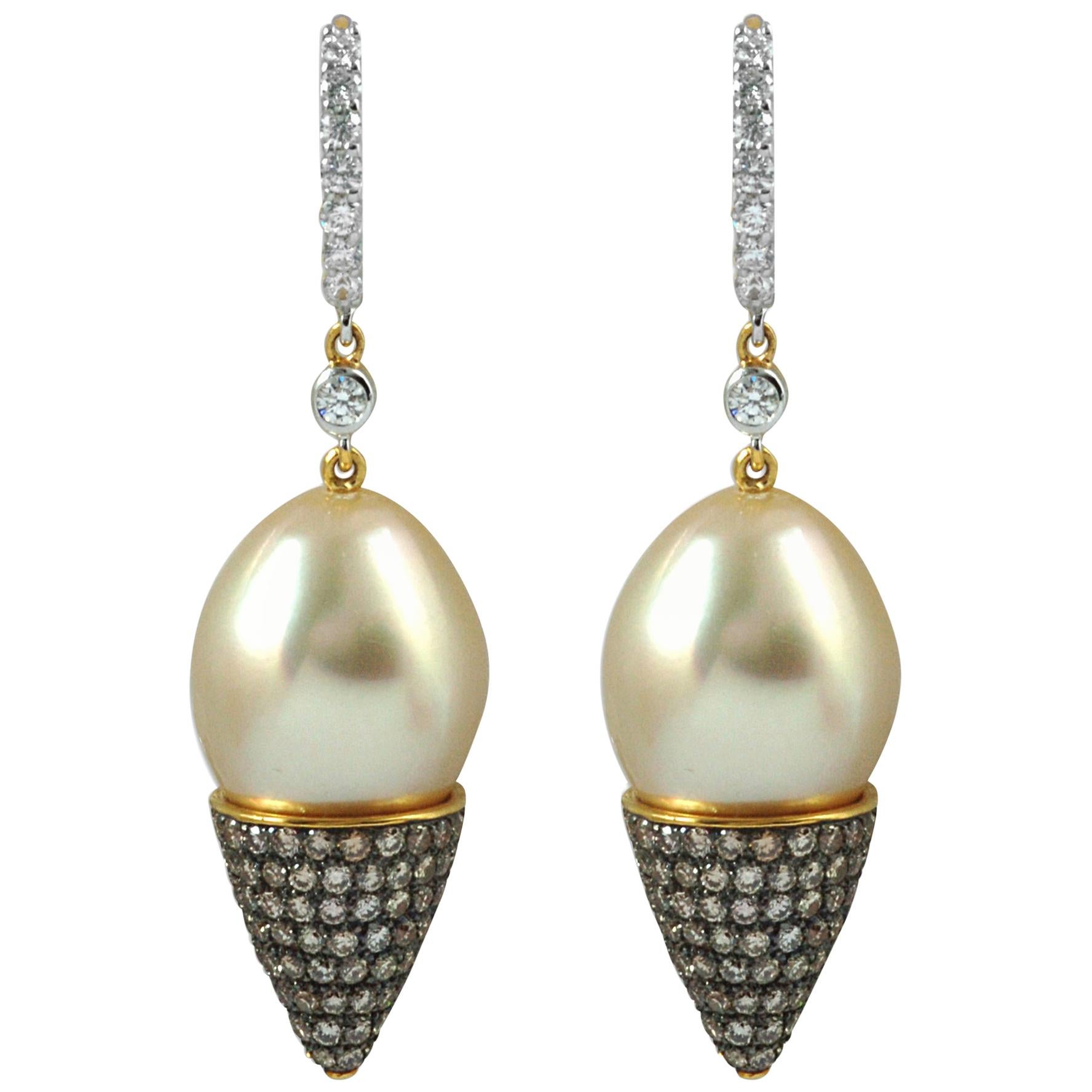 South Sea Pearl with Diamond 0.32 Carat Earrings Set in 18 Karat Gold Settings