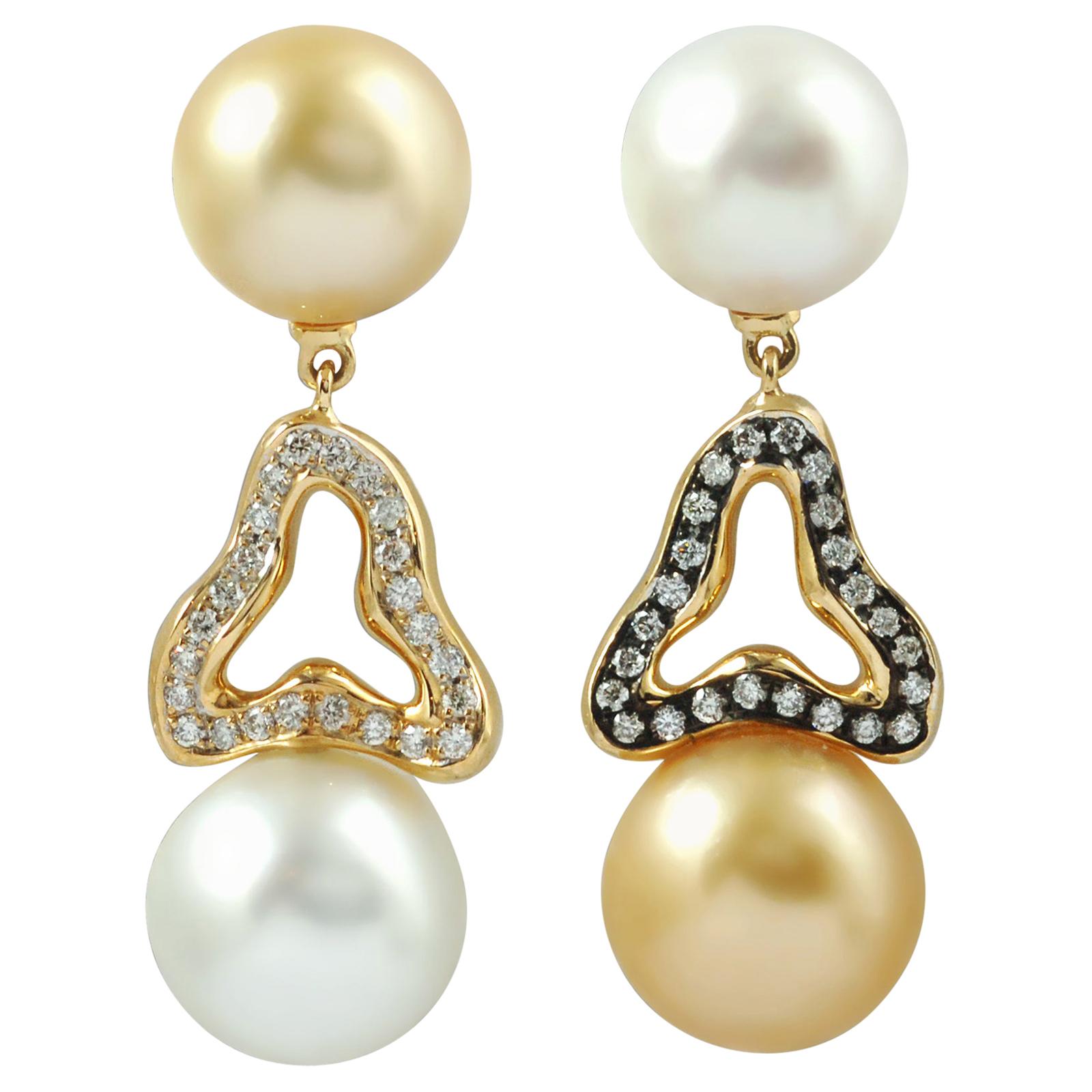 South Sea Pearl with Diamond 0.42 Carat Earrings Set in 18 Karat Gold Settings For Sale