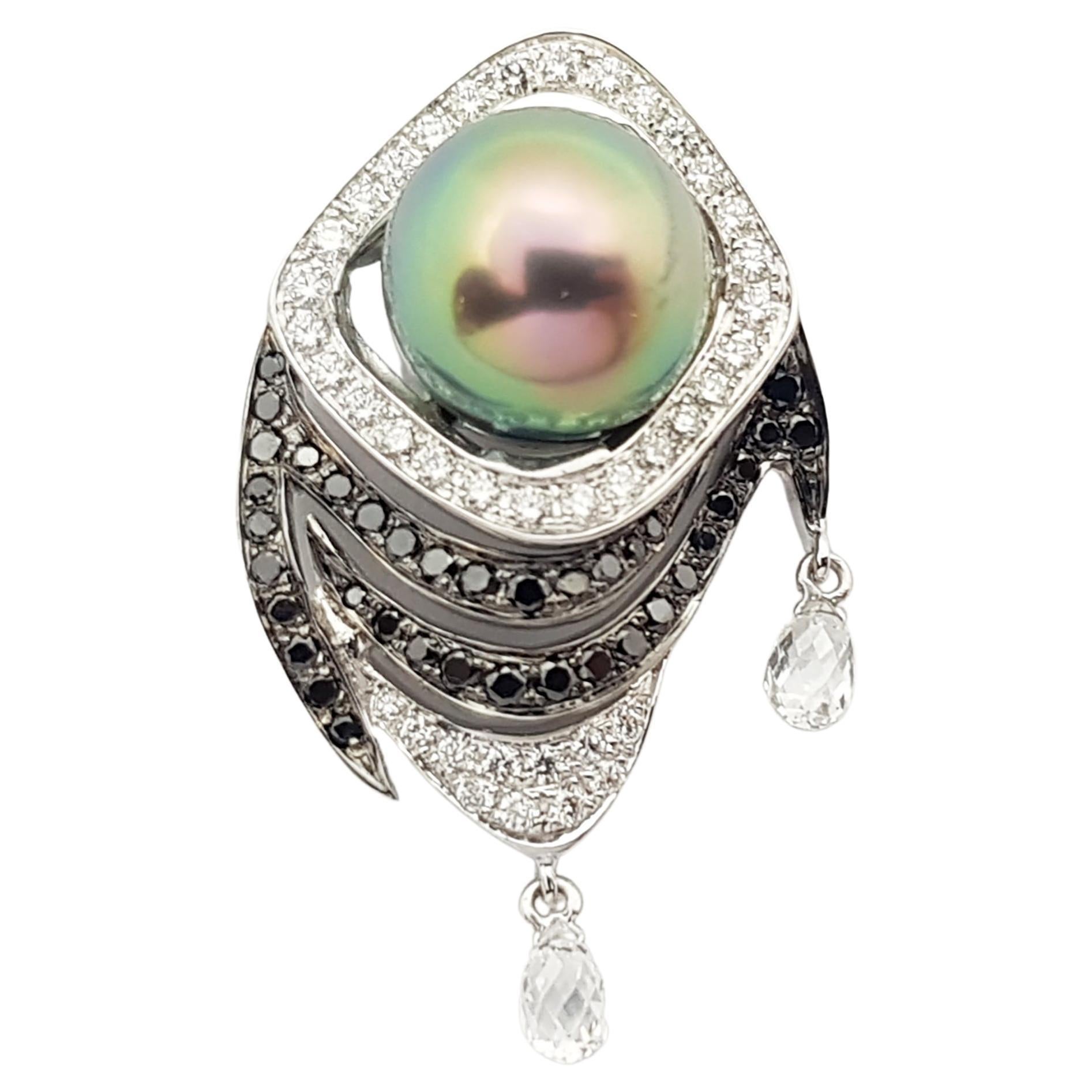 South Sea Pearl with Diamond and Black Diamond Pendant in 18 Karat White Gold For Sale