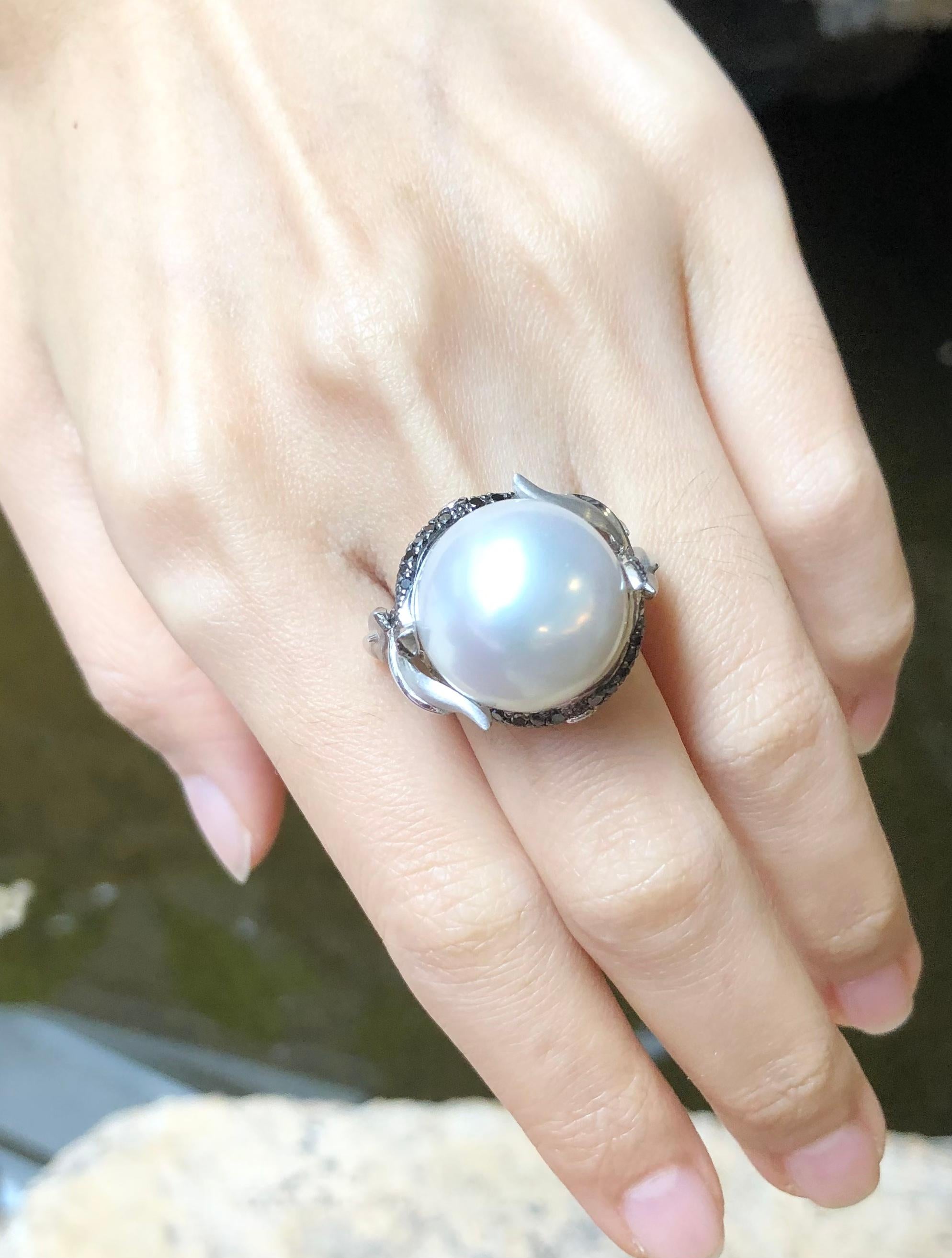 Women's South Sea Pearl with Diamond and Black Diamond Ring Set in 18 Karat White Gold For Sale