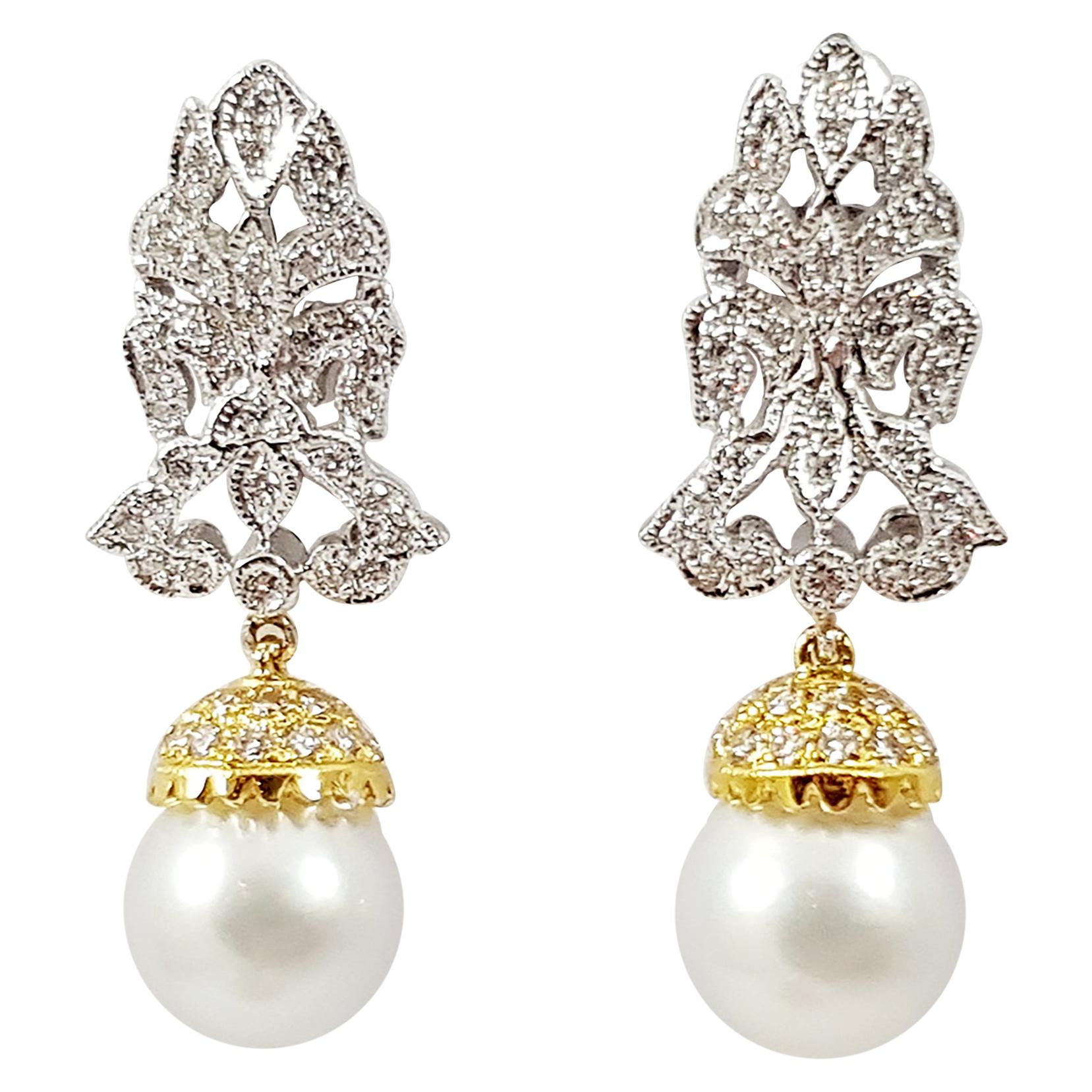 South Sea Pearl with Diamond and Brown Diamond Earrings in 18 Karat White Gold For Sale