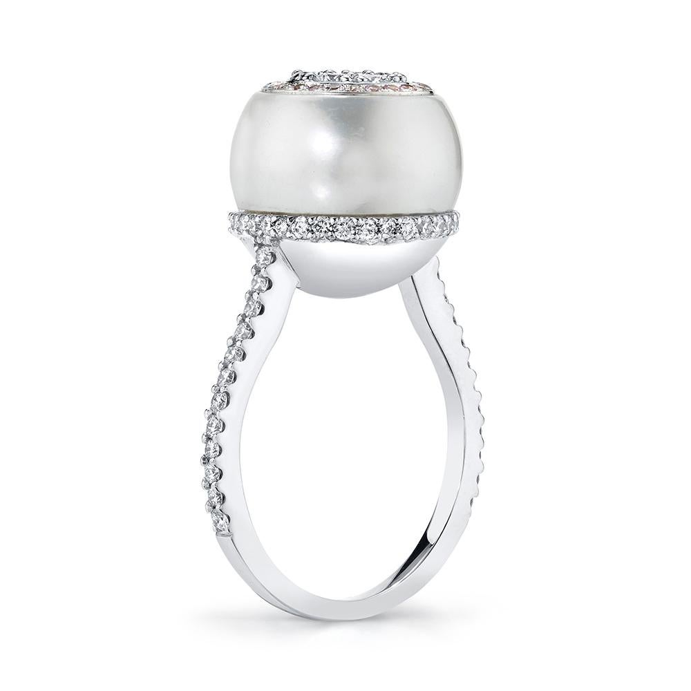 This ring is from the Bhansali Hope Collection, collection inspired by the designer's mother. The gentle luster of the South Sea White Pearl is married forever to the sparkling brilliance of diamonds (0.73ct ) using our exclusive inlay process. The