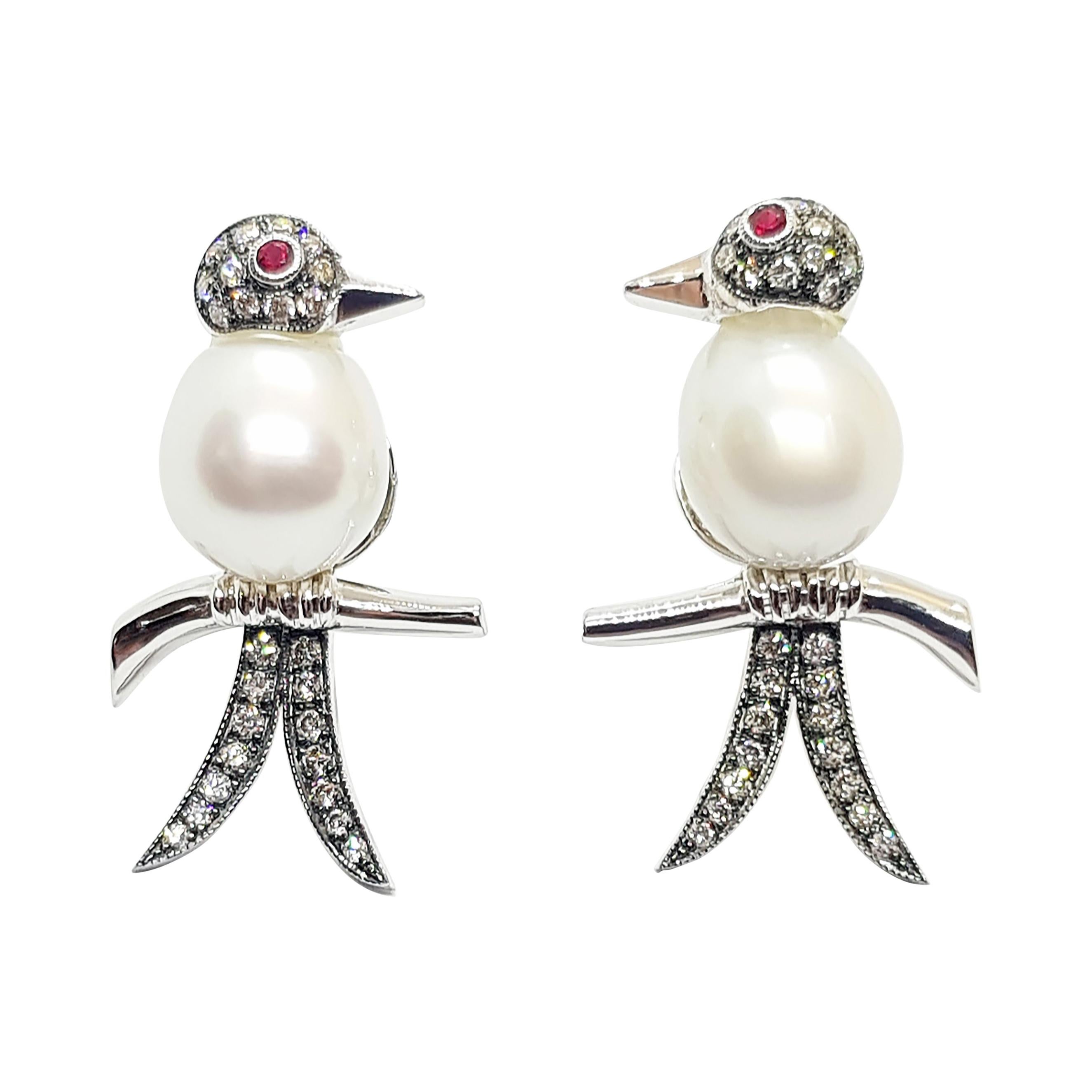 South Sea Pearl with Diamond and Ruby Bird Earrings Set in 18 Karat White Gold For Sale