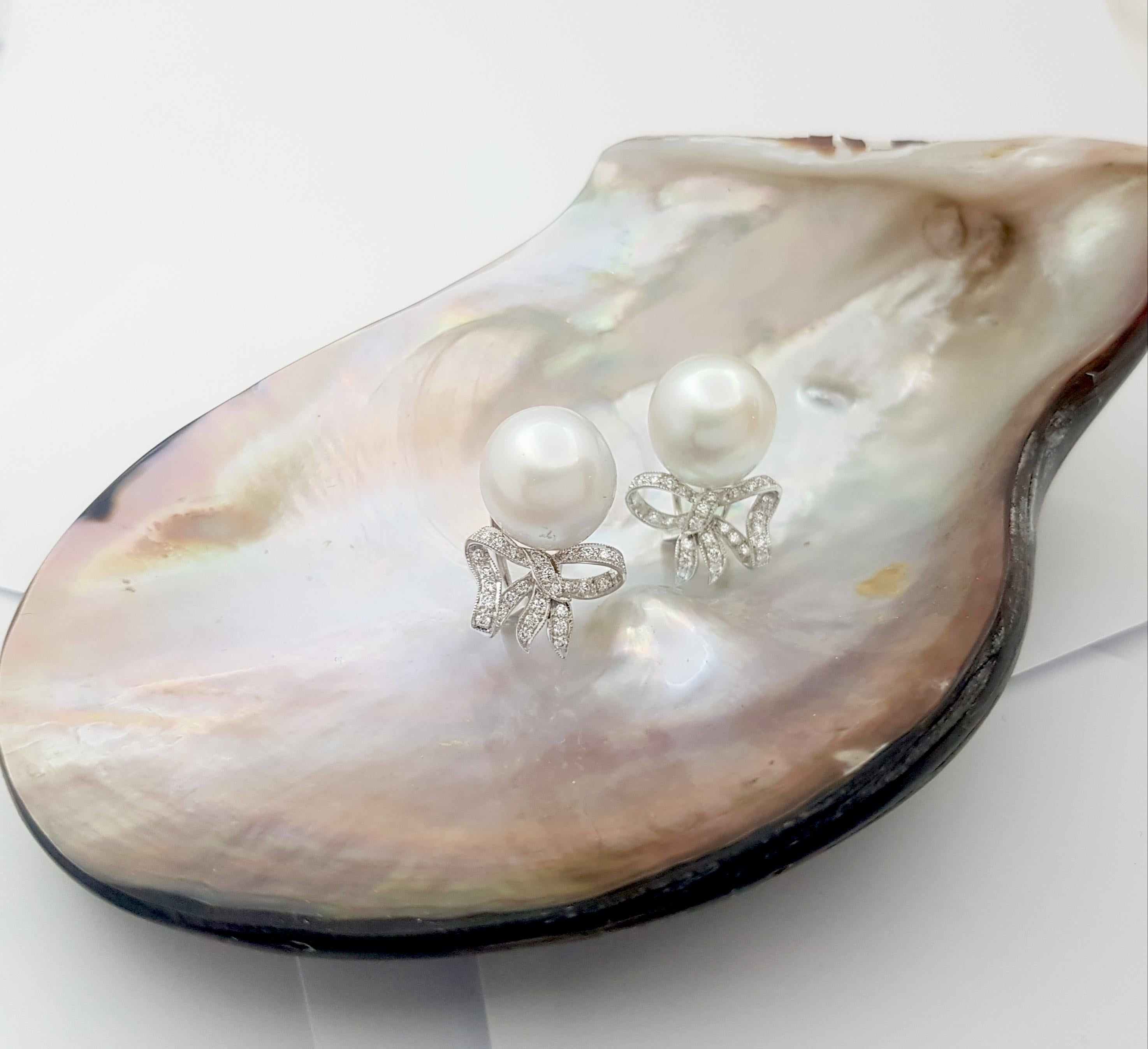 Brilliant Cut South Sea Pearl with Diamond Bow Earrings set in 18K White Gold Settings