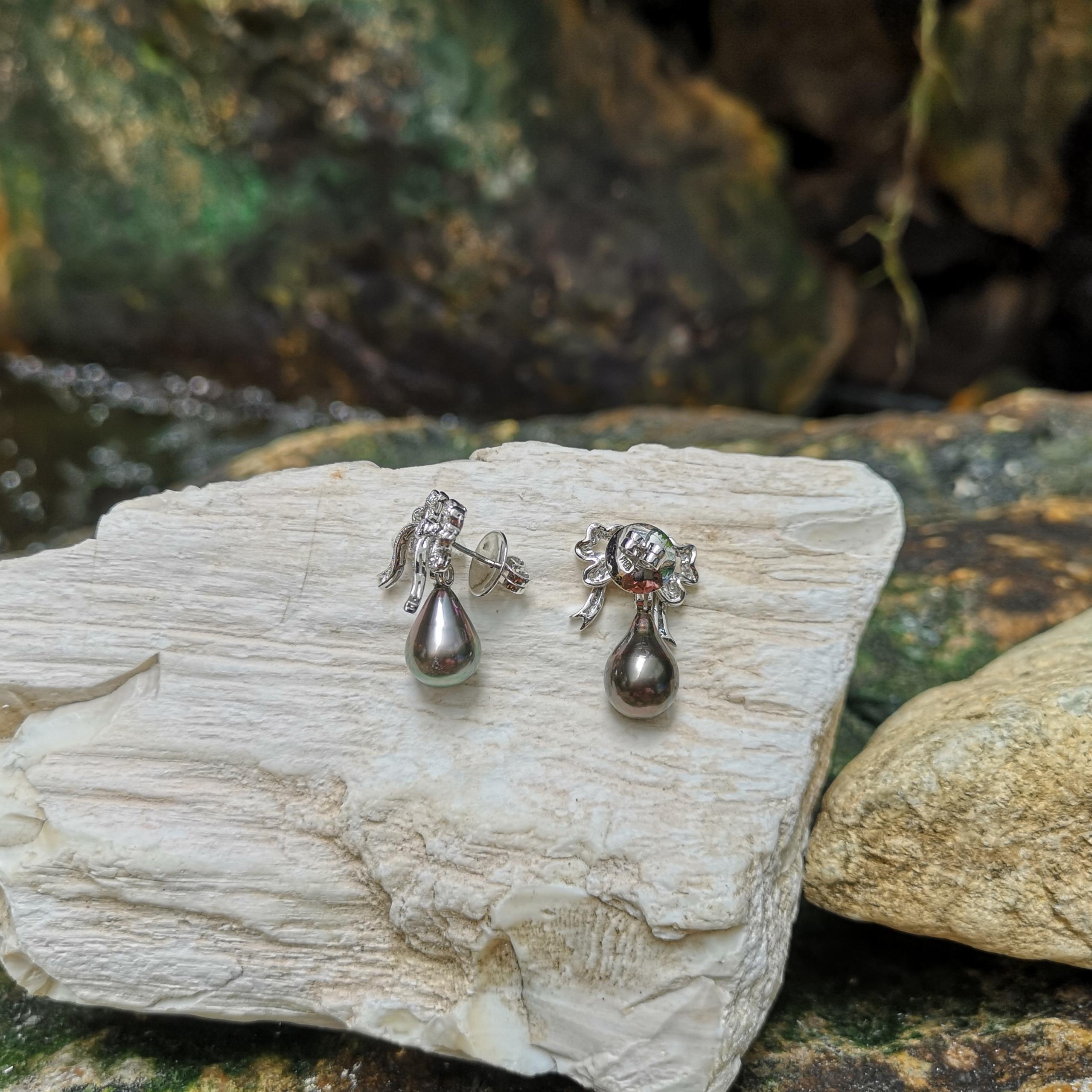 Mixed Cut South Sea Pearl with Diamond Bow Earrings Set in 18K White Gold Settings For Sale