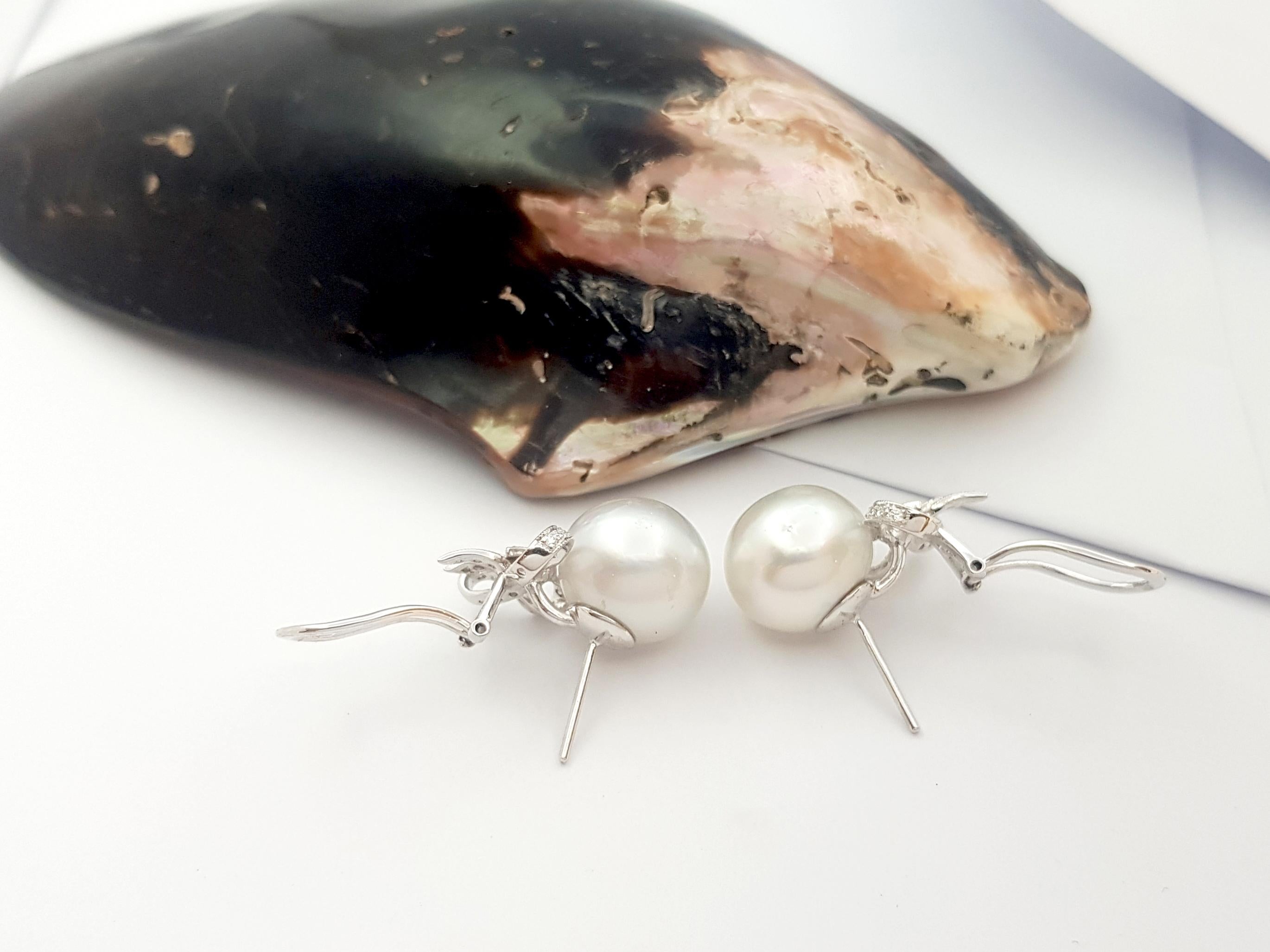 Women's South Sea Pearl with Diamond Bow Earrings set in 18K White Gold Settings
