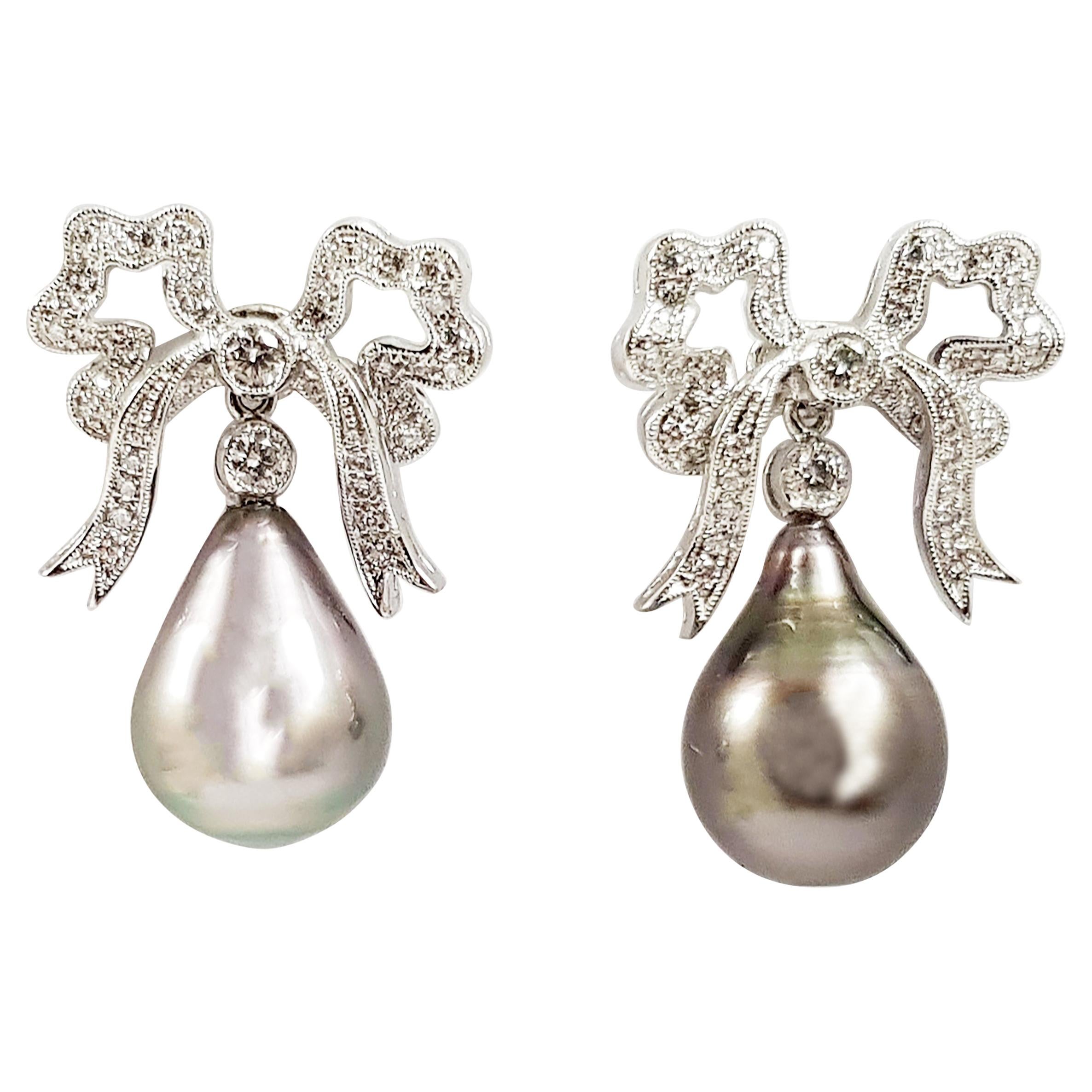 South Sea Pearl with Diamond Bow Earrings Set in 18K White Gold Settings For Sale