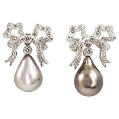 Vintage South Sea Pearl with Diamond Bow Earrings Set in 18K White Gold Settings