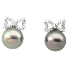 South Sea Pearl with Diamond Bow Earrings set in 18K White Gold Settings