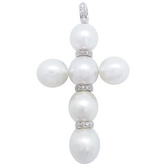 South Sea Pearl with Diamond Cross Pendant Set in 18 Karat White Gold Settings
