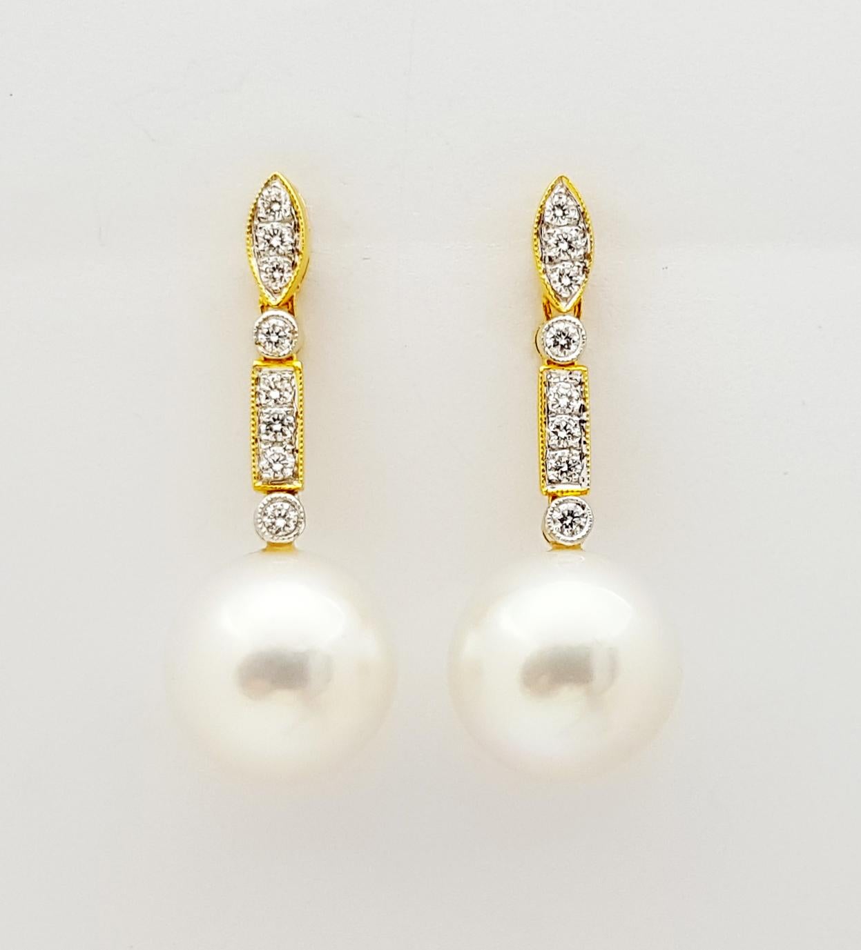 Contemporary South Sea Pearl with Diamond Earrings Set in 18 Karat Gold Settings For Sale