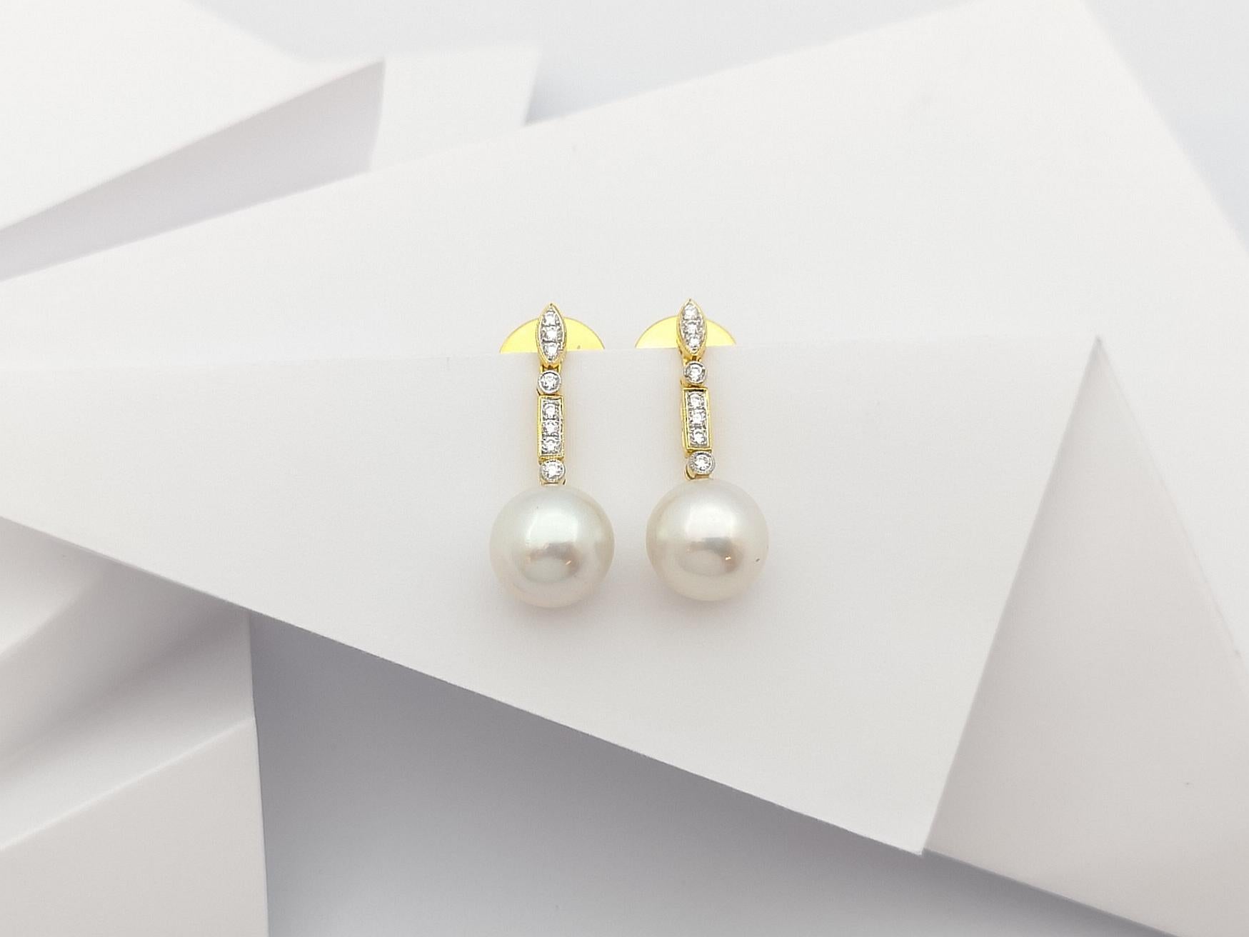 Brilliant Cut South Sea Pearl with Diamond Earrings Set in 18 Karat Gold Settings For Sale