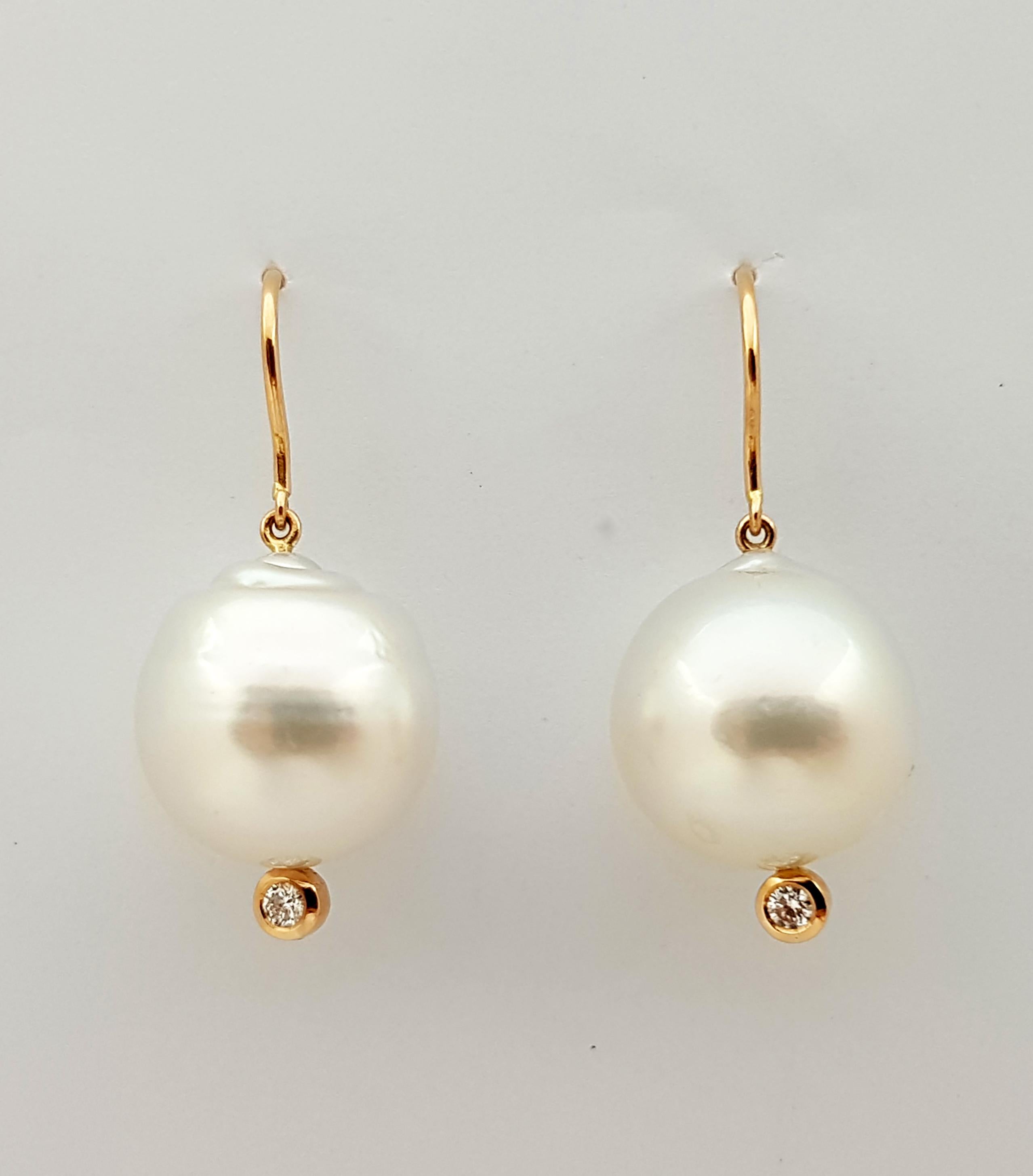Brilliant Cut South Sea Pearl with Diamond Earrings Set in 18 Karat Rose Gold Settings For Sale