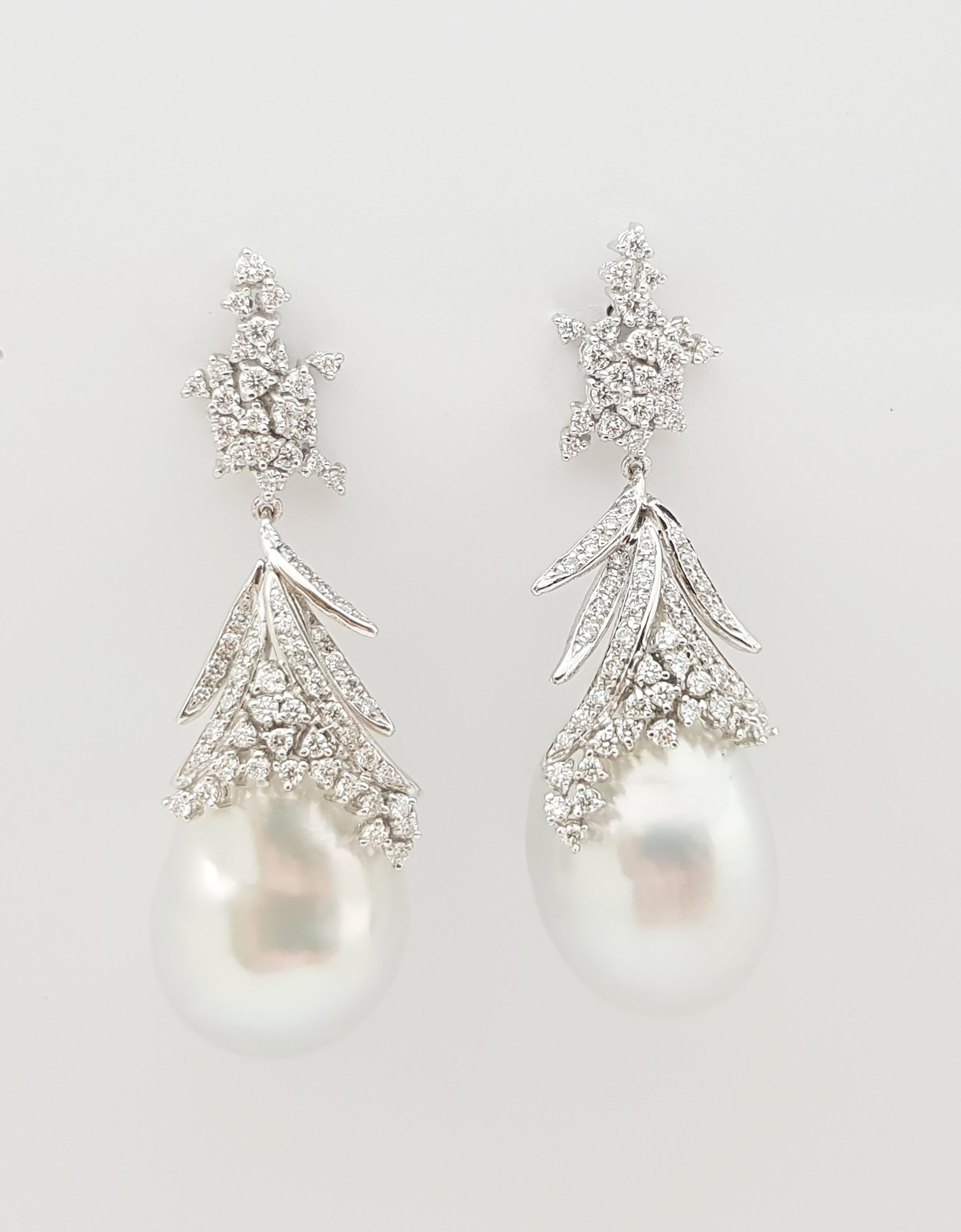 Contemporary South Sea Pearl with Diamond Earrings Set in 18 Karat White Gold Set For Sale