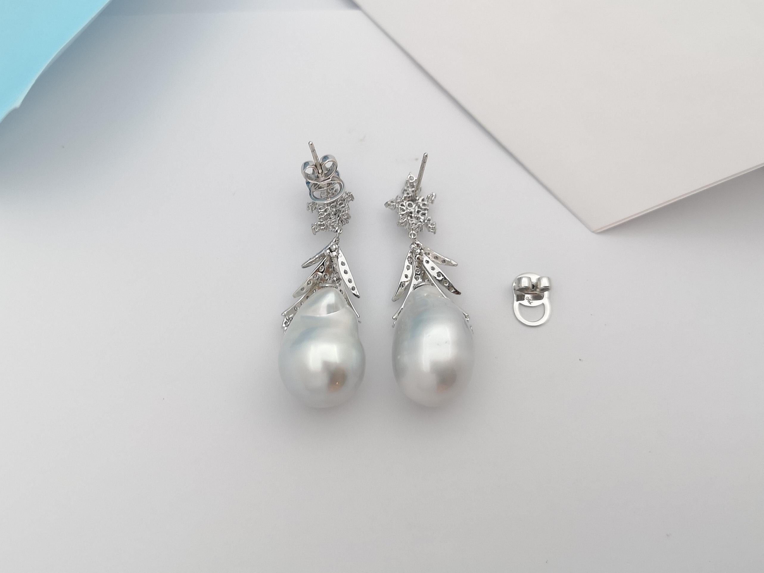Brilliant Cut South Sea Pearl with Diamond Earrings Set in 18 Karat White Gold Set For Sale
