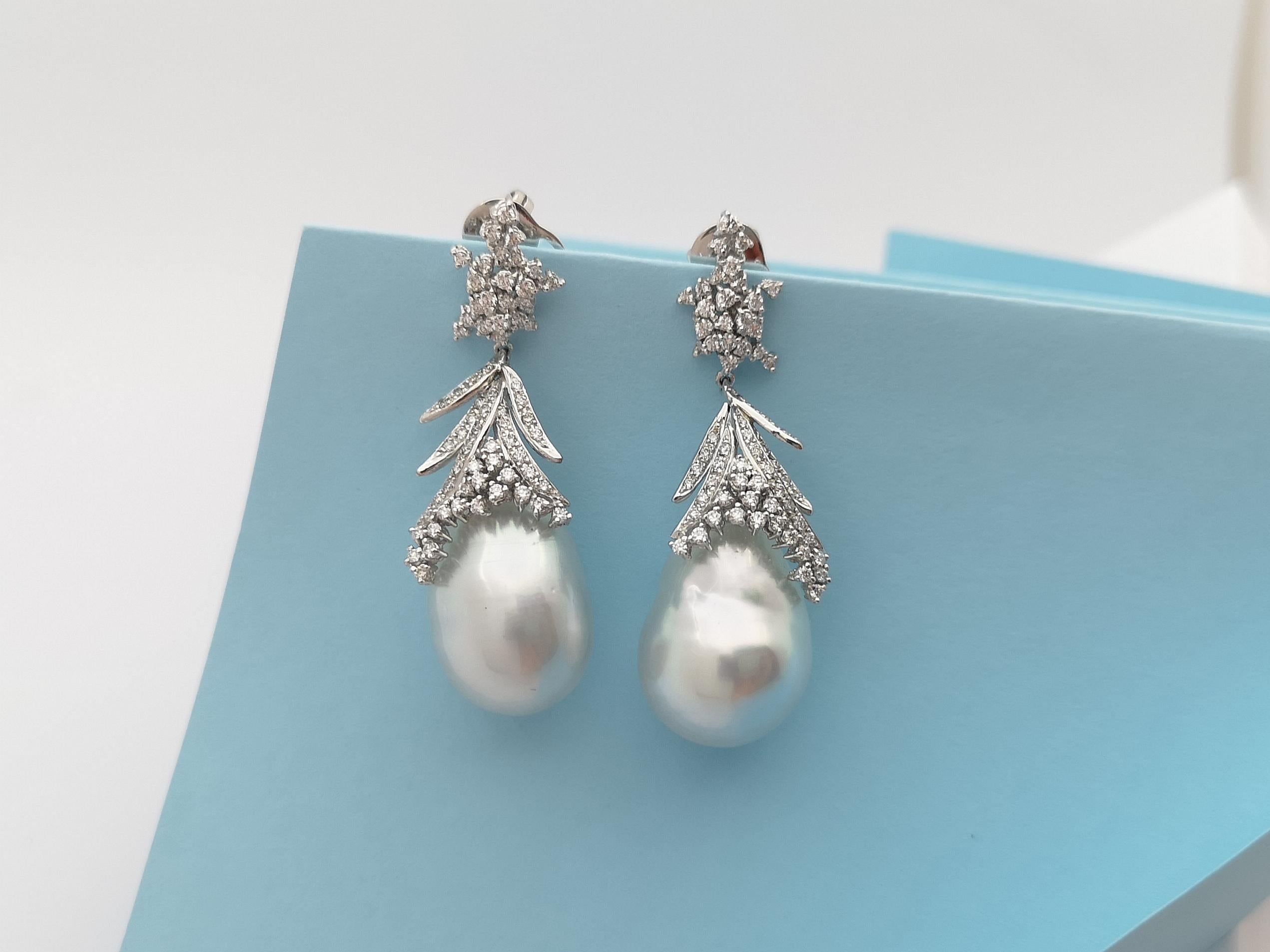Women's South Sea Pearl with Diamond Earrings Set in 18 Karat White Gold Set For Sale