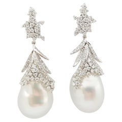 Antique South Sea Pearl with Diamond Earrings Set in 18 Karat White Gold Set