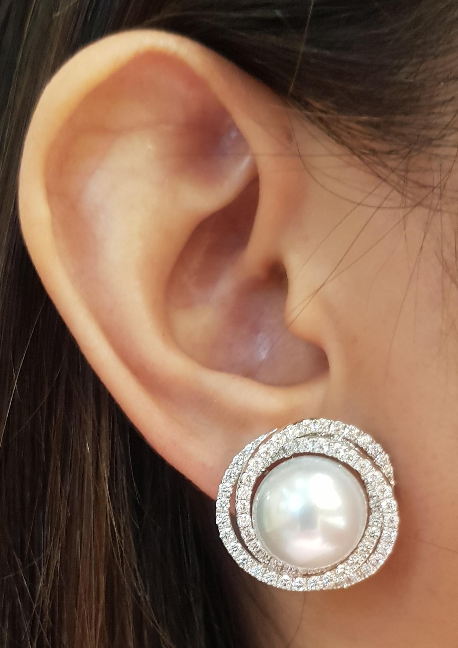 Contemporary South Sea Pearl with Diamond Earrings Set in 18 Karat White Gold Settings For Sale