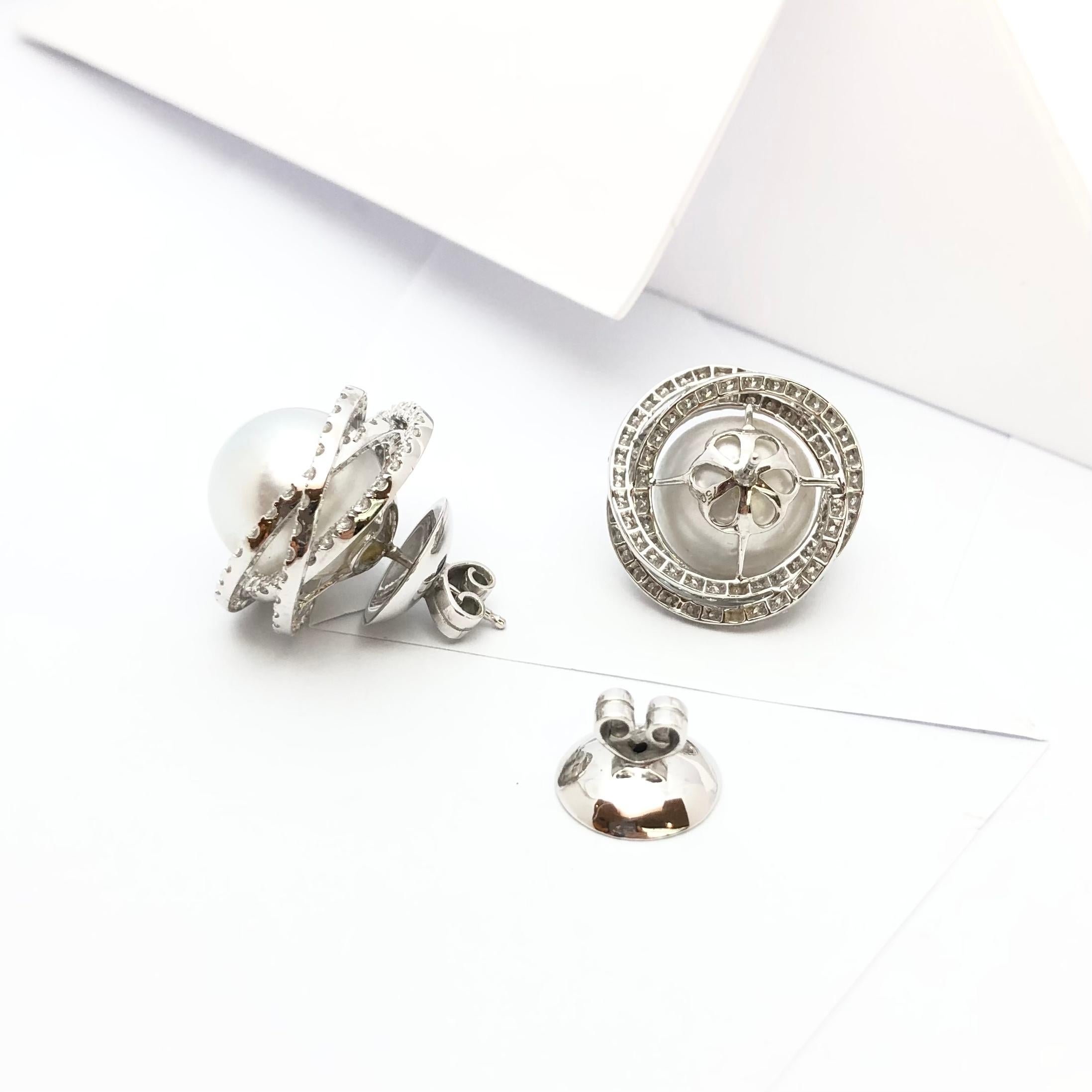 Brilliant Cut South Sea Pearl with Diamond Earrings Set in 18 Karat White Gold Settings For Sale