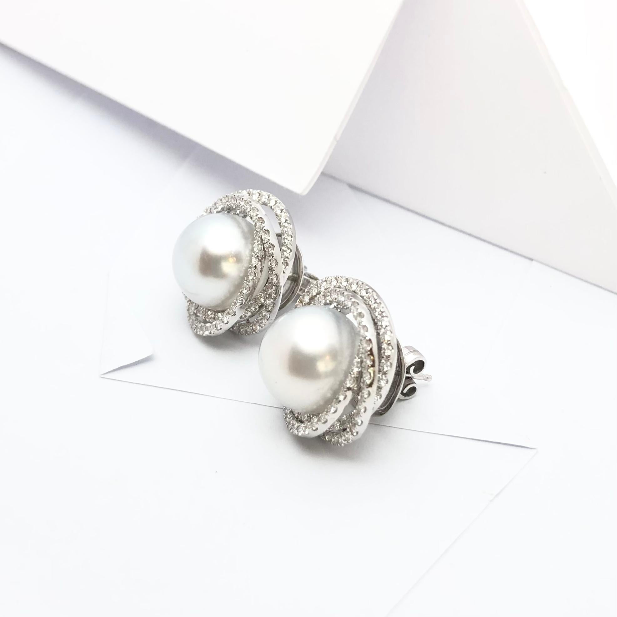 Women's South Sea Pearl with Diamond Earrings Set in 18 Karat White Gold Settings For Sale