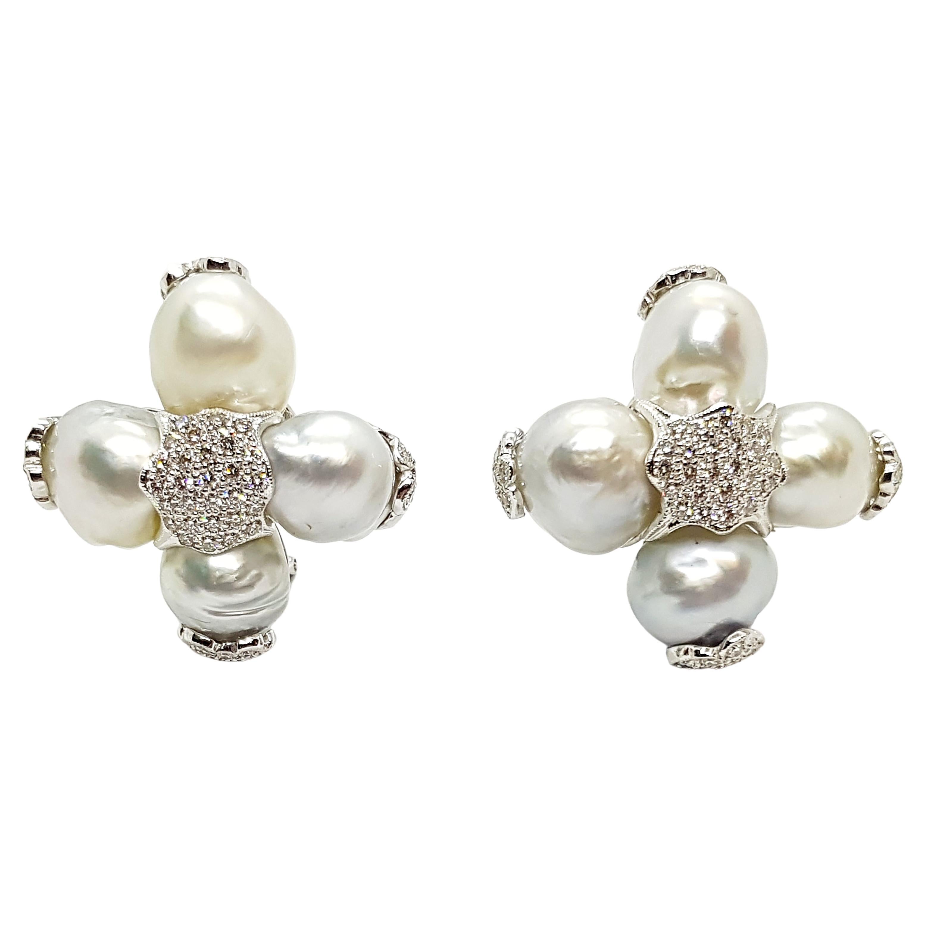 Pearl with Diamond Earrings Set in 18 Karat White Gold Settings For ...