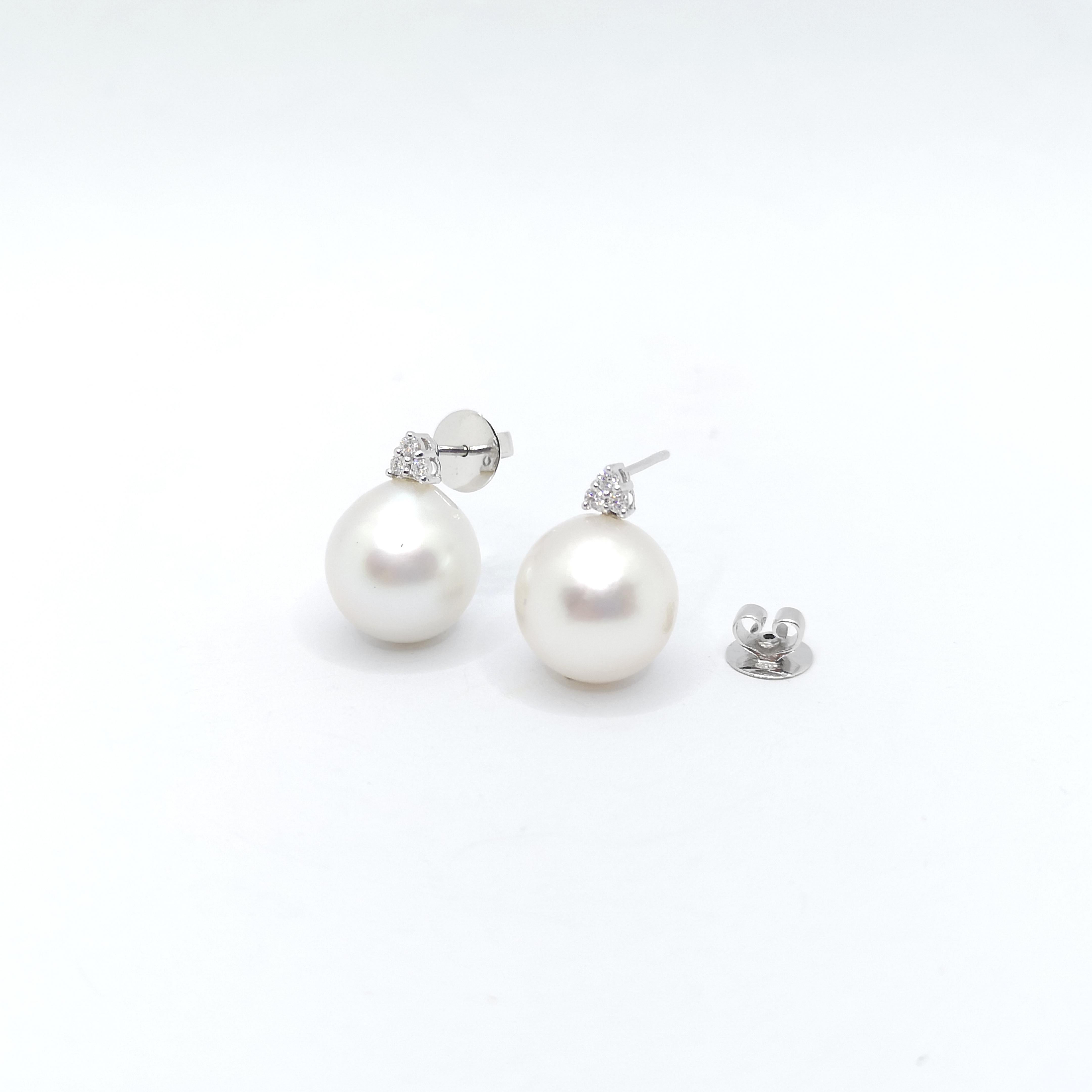 Contemporary South Sea Pearl with Diamond Earrings set in 18K White Gold Settings For Sale