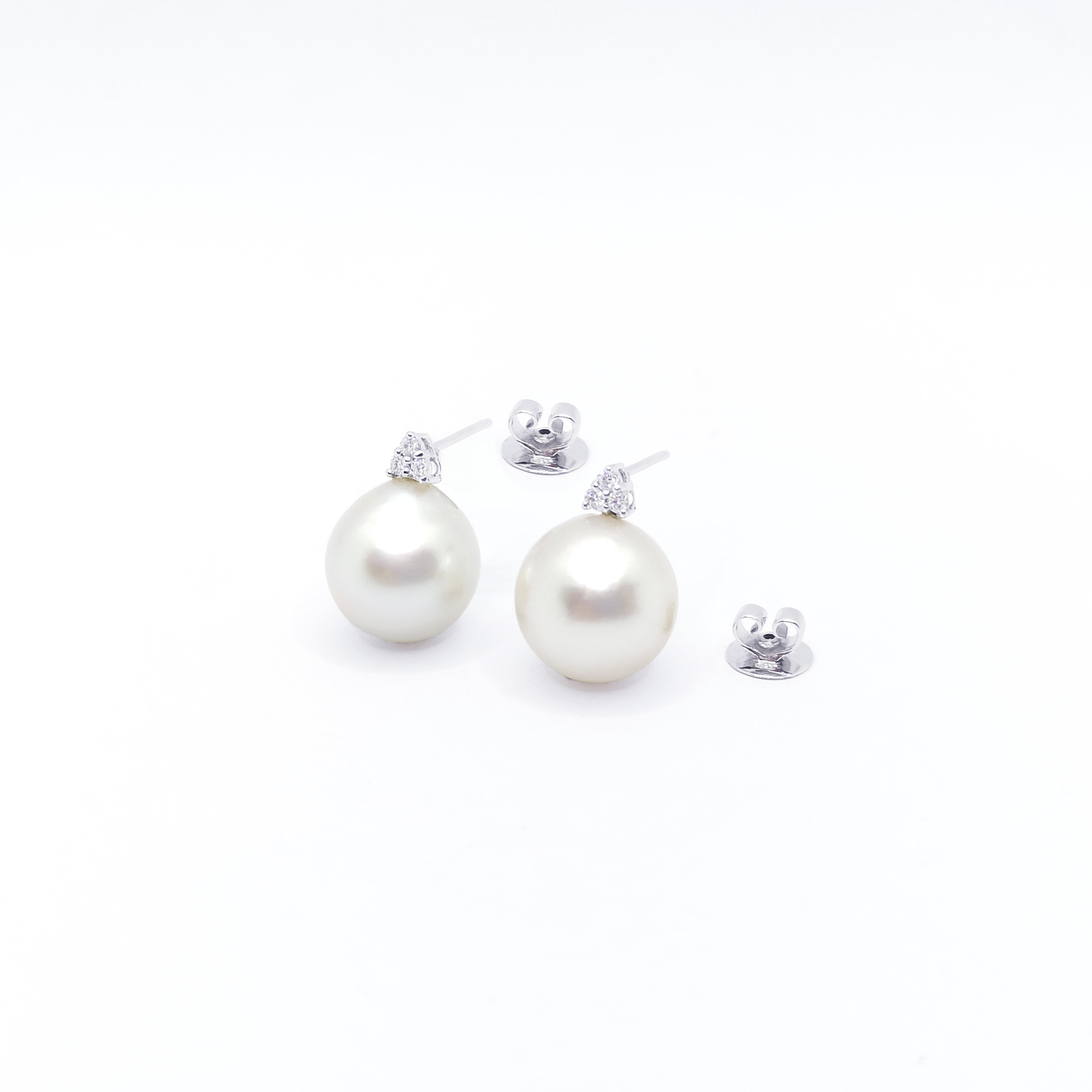 Women's South Sea Pearl with Diamond Earrings set in 18K White Gold Settings For Sale