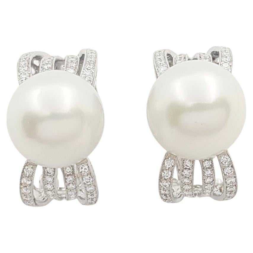 South Sea Pearl with Diamond Earrings set in 18K White Gold Settings For Sale