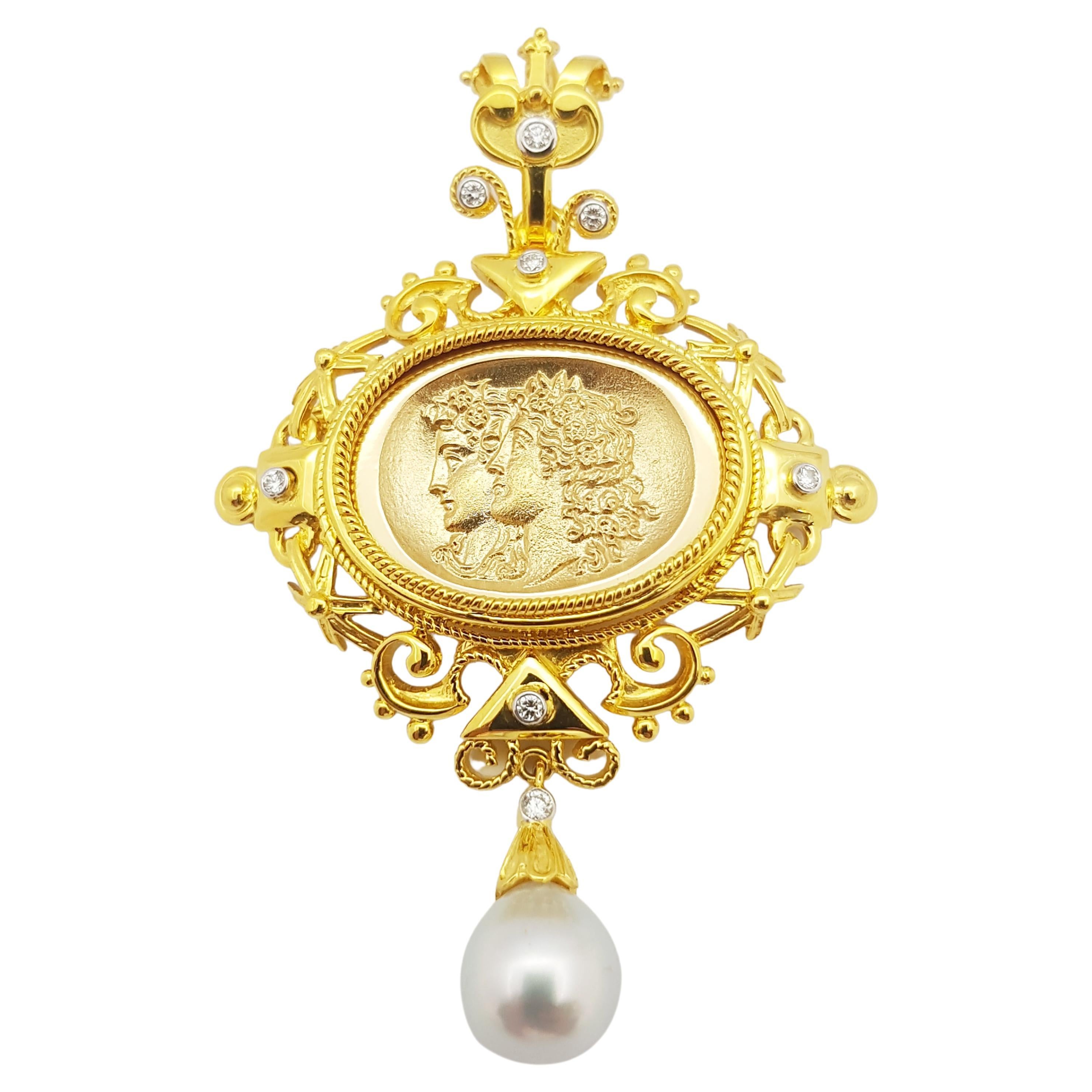 Pendentif / broche en or 18 carats serti d'une perle des mers du Sud et de diamants