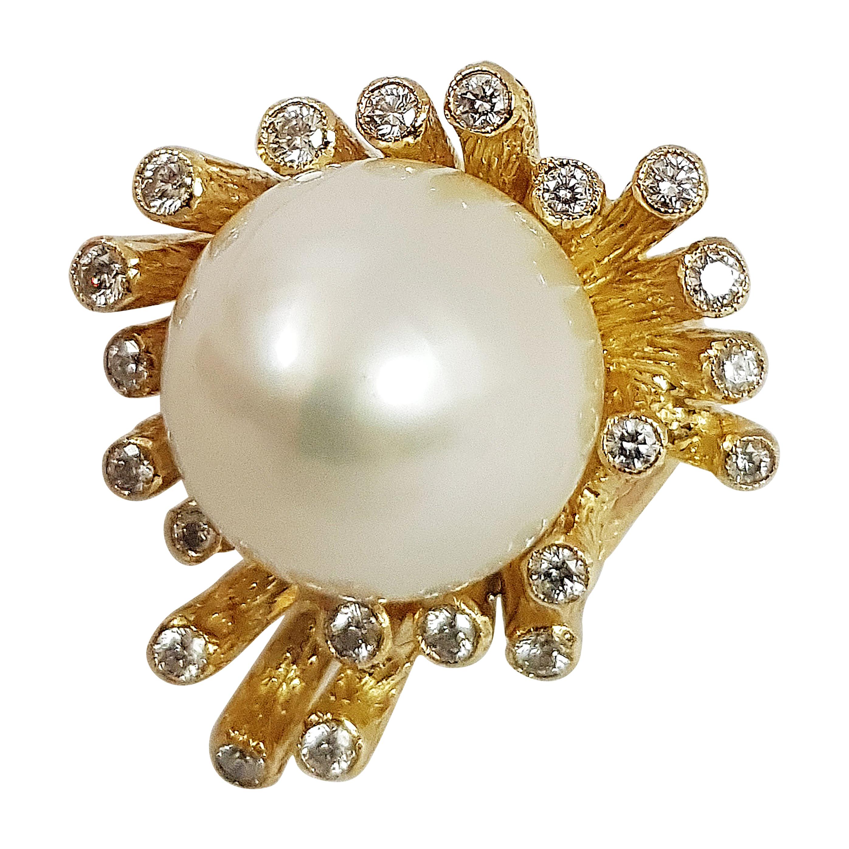 South Sea Pearl with Diamond Ring Set in 18 Karat Gold Settings For Sale