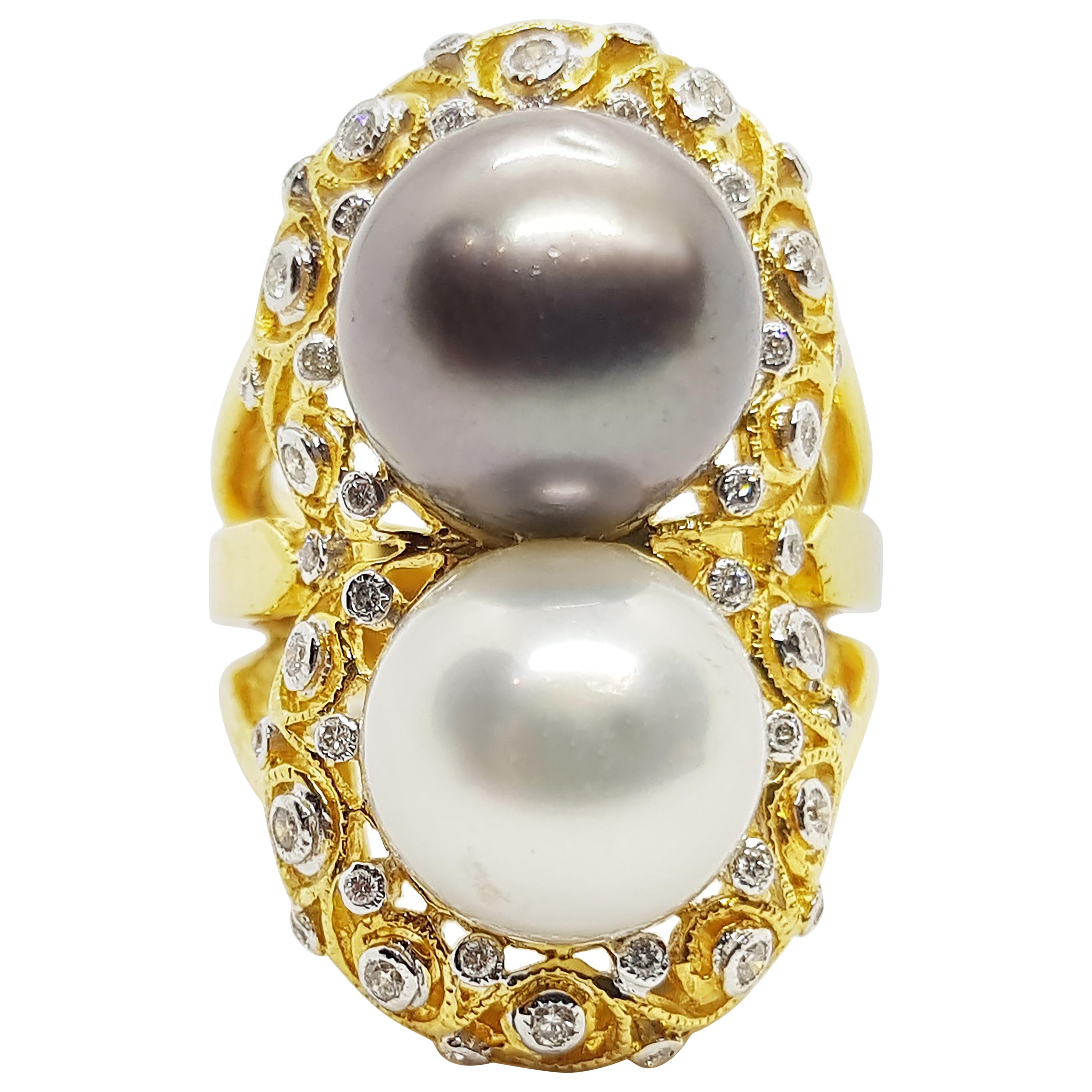 South Sea Pearl with Diamond Ring Set in 18 Karat Gold Settings For Sale