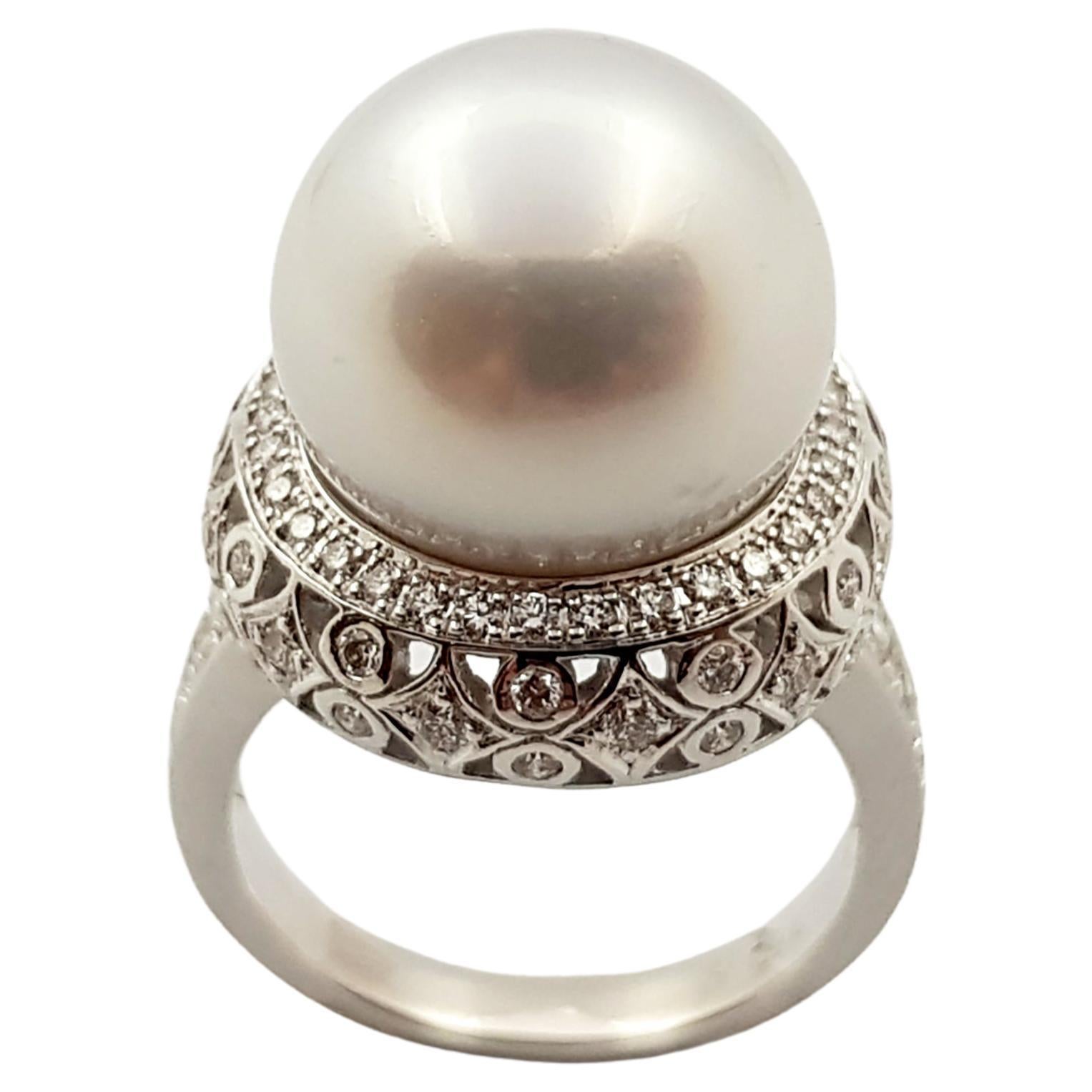 South Sea Pearl with Diamond Ring Set in 18 Karat White Gold Settings For Sale